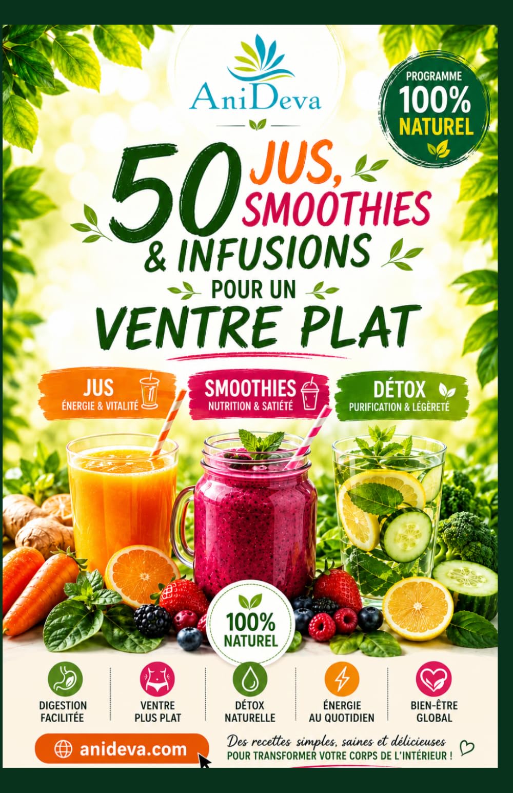 50 JUS, SMOOTHIES & INFUSIONS POUR UN VENTRE PLAT: Le guide pratique et naturel pour éliminer les ballonnements, brûler les graisses abdominales et retrouver votre légèreté au quotidien.