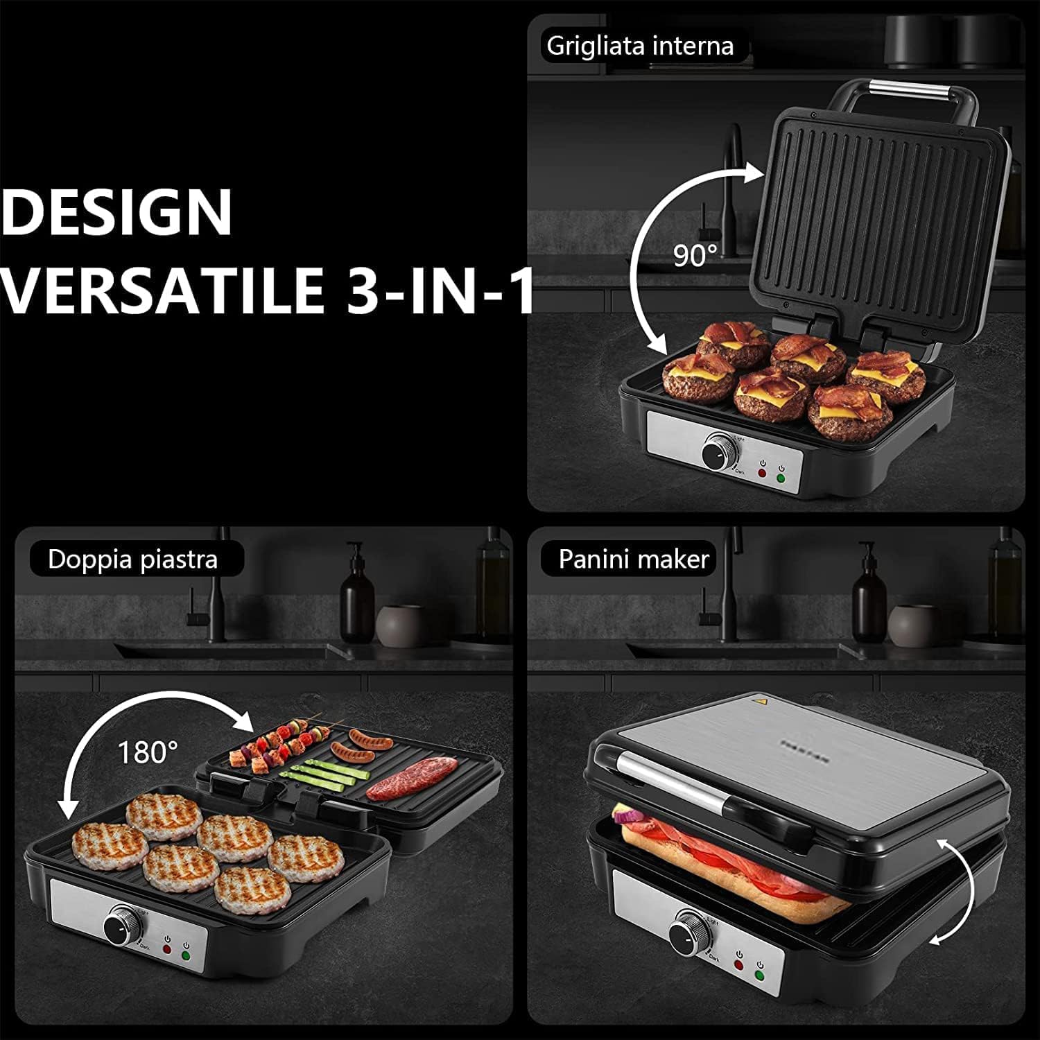 Tiastar Piastre Tostapane, Grill Elettrico Antiaderente 3 in 1 per Panini, Piastra Grill da 1800 W con Vassoio di Raccolta Rimovibile, Apertura a 180°, Temperatura Regolabile, Acciaio Inossidabile Tiastar Piastre Tostapane, Grill Elettrico Antiaderente 3 in 1 per Panini, Piastra Grill da 1800 W con Vassoio di Raccolta Rimovibile, Apertura a 180°, Temperatura Regolabile, Acciaio Inossidabile