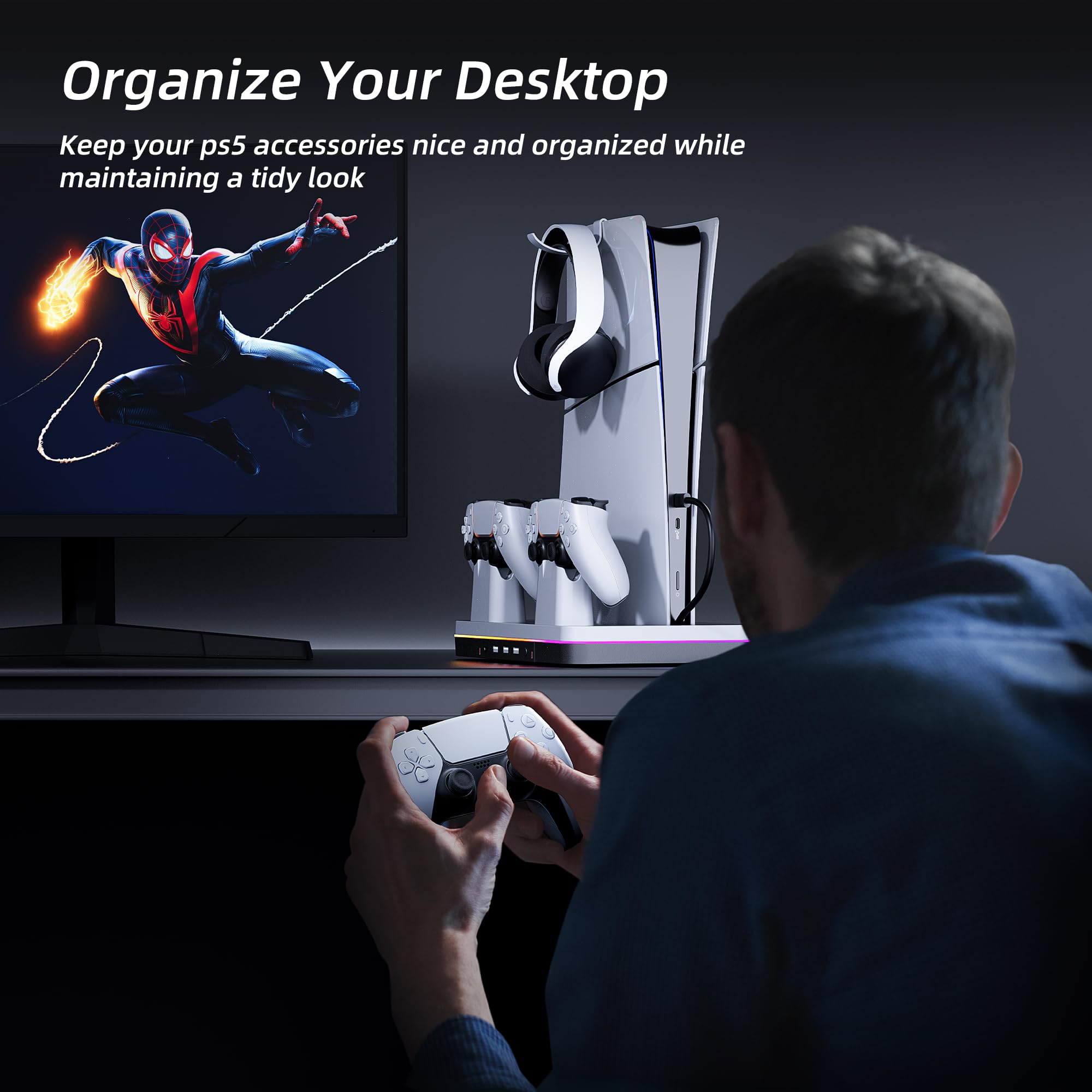 Mytrix Fast Charging Stand RGB Cooling Fan for PS5 Slim Console (Disc & Digital), with Controller Charging Station, Controller Charger, 3 Speeds Cooling Fan, Headset Holder, RGB Lights & 3 USB Ports