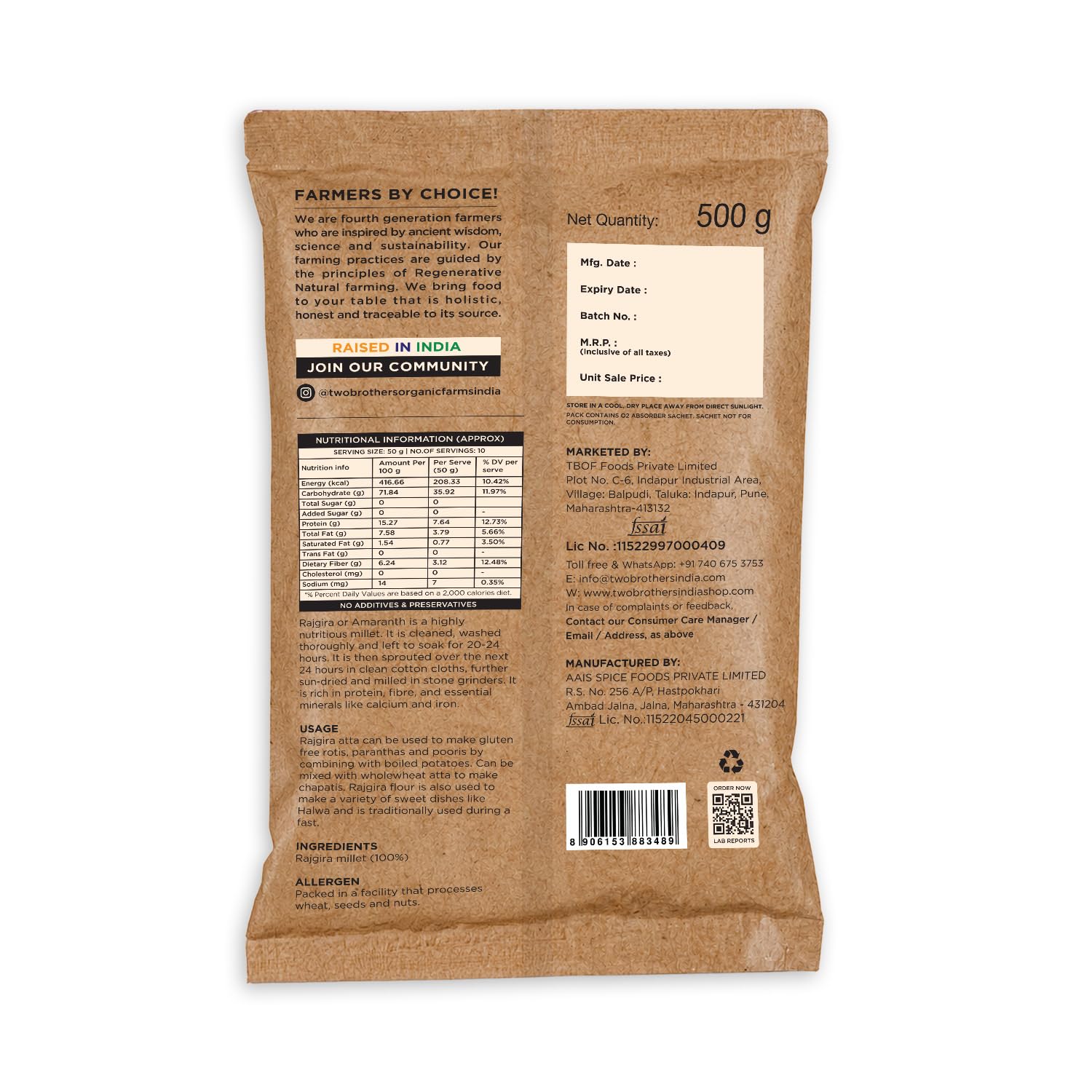 Two Brothers Sprouted Rajgira Atta (500g) | Naturally Gluten-Free, High-Protein, High-Fiber Amaranth Flour
