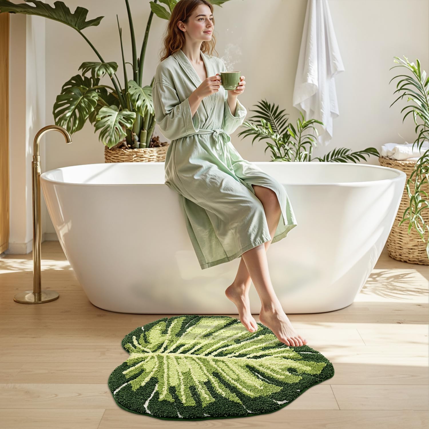 Morbuy Tappeto a pelo lungo Shaggy, antiscivolo, comodo, super assorbente, morbido e assorbente, 50 x 80 cm, motivo foglia verde 2