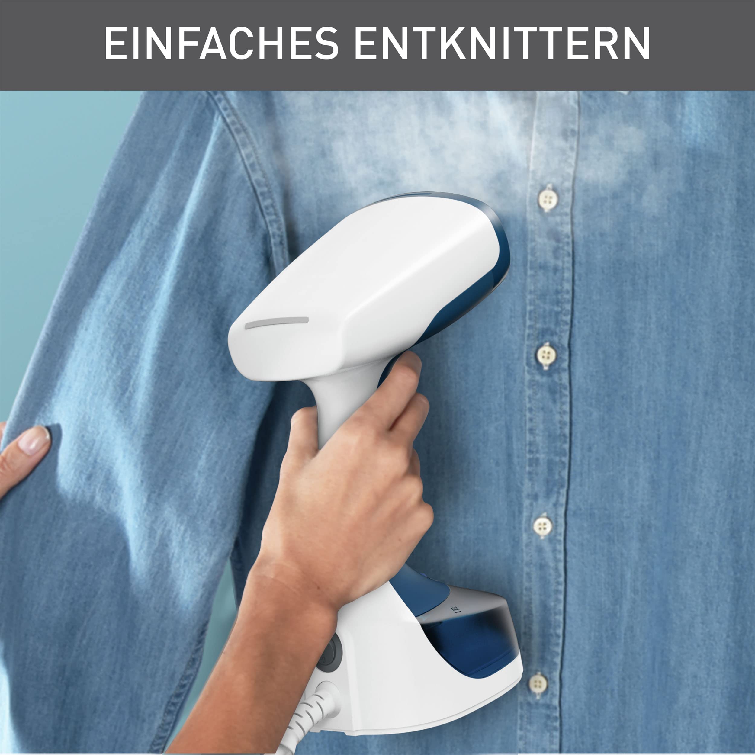 Tefal Access Steam Easy Dampfbürste, 15 Sekunden Aufheizzeit, 1400 Watt, bis zu 25 g/Min., 150 ml Wassertank, Dampfglätter, 8 Min. Steamen, 2,6 m Netzkabel, inklusive Zubehör, weiß/blau, DT7170