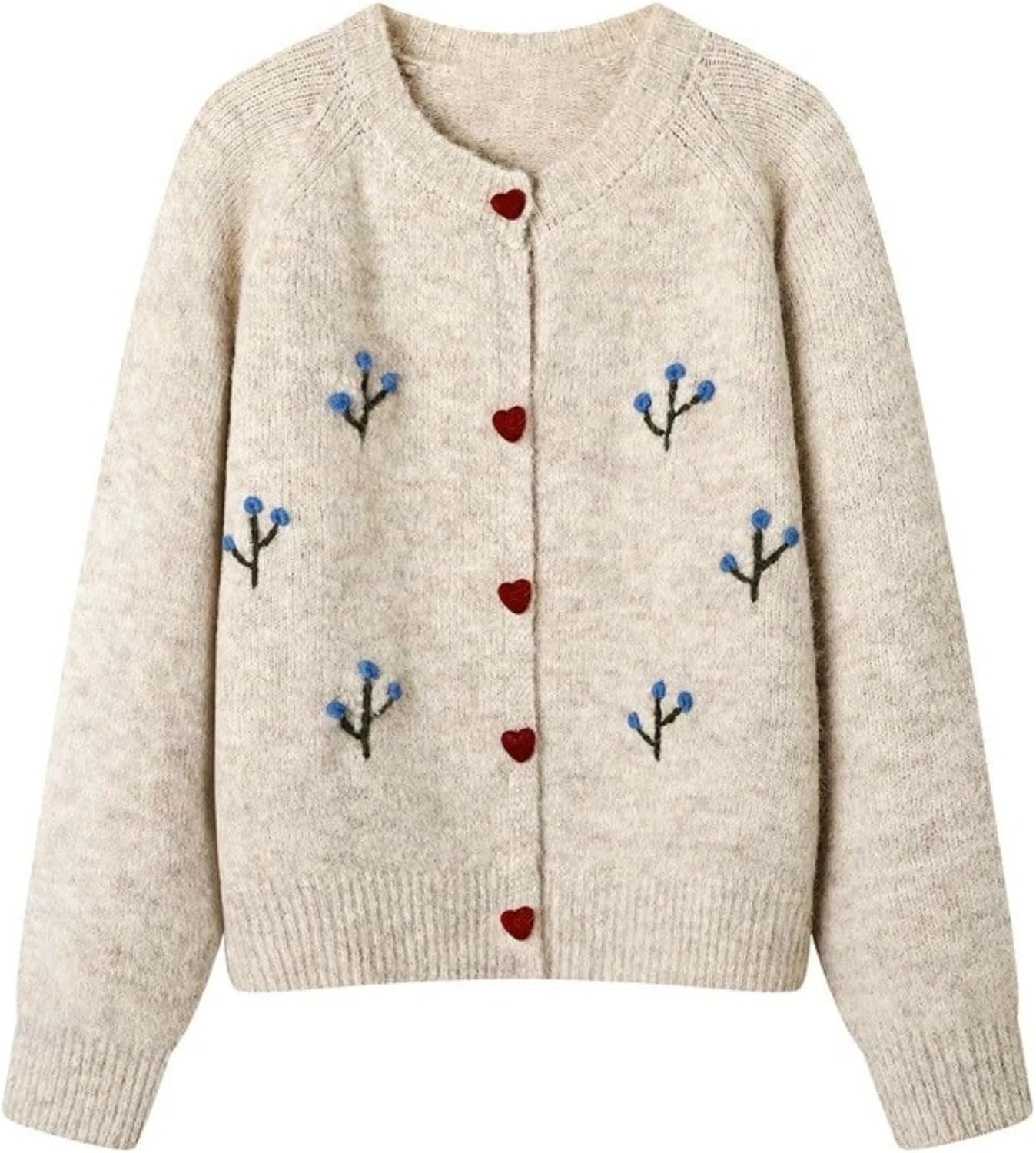 FindThy Women’s Floral Embroidery Cardigan Sweater Cute Heart Button Crewneck Long Sleeve Knitted Outerwear