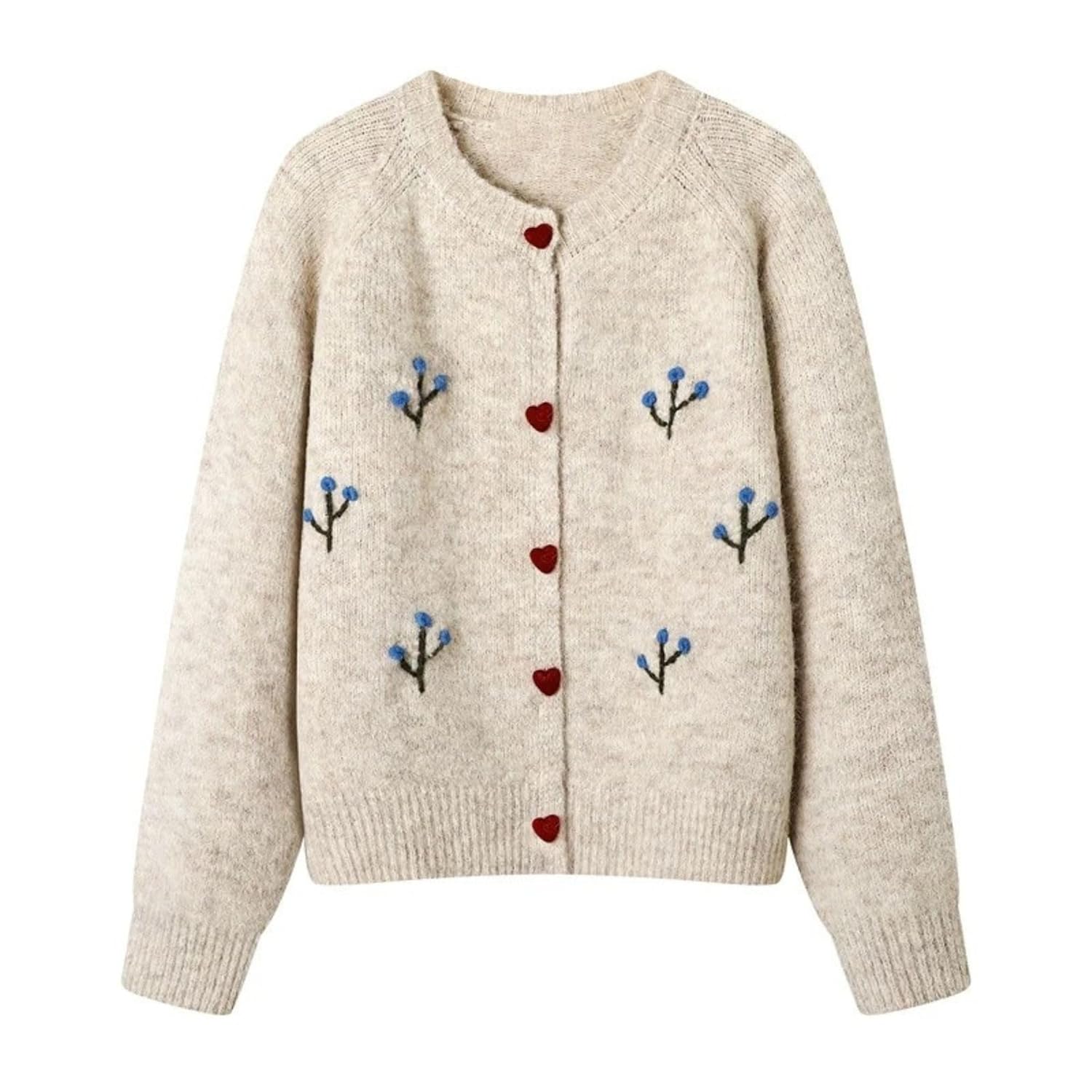 FindThy Womens Floral Embroidery Cardigan Sweater Cute Heart Button Crewneck Long Sleeve Knitted Outerwear