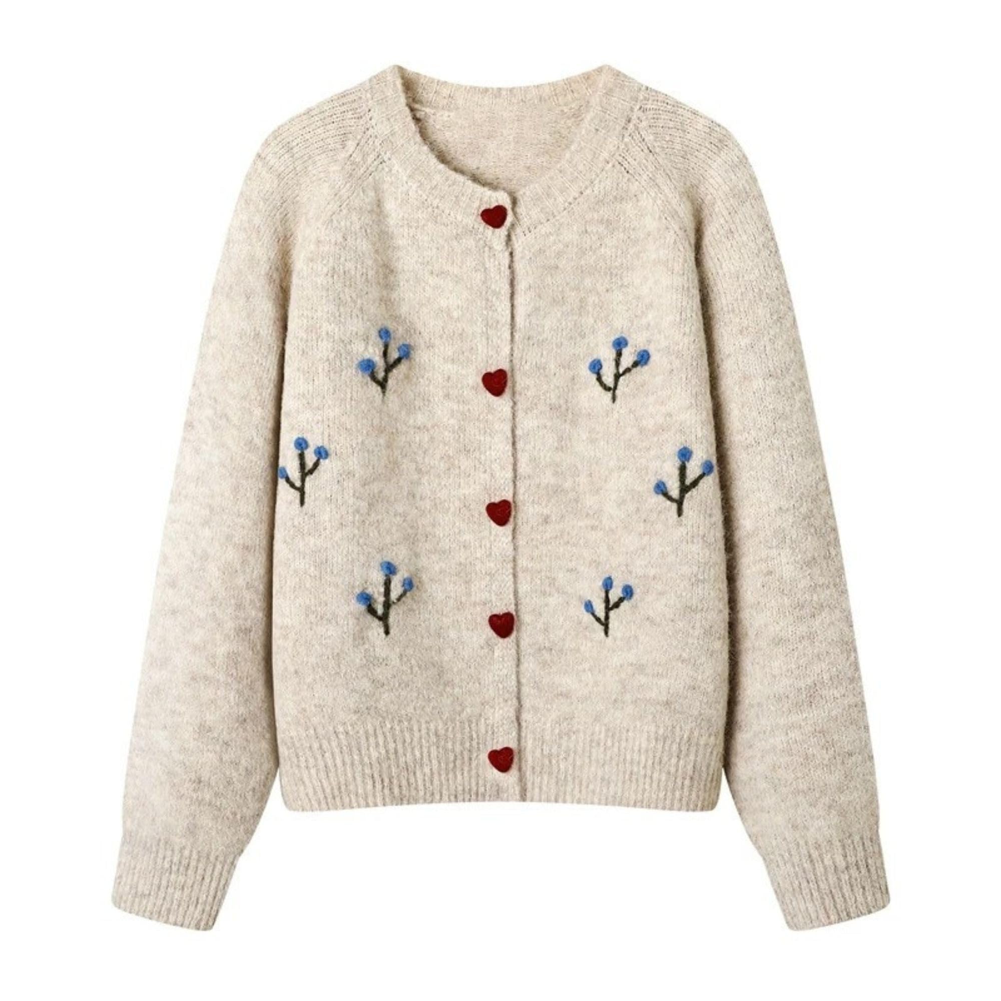 FindThy Womens Floral Embroidery Cardigan Sweater Cute Heart Button Crewneck Long Sleeve Knitted Outerwear