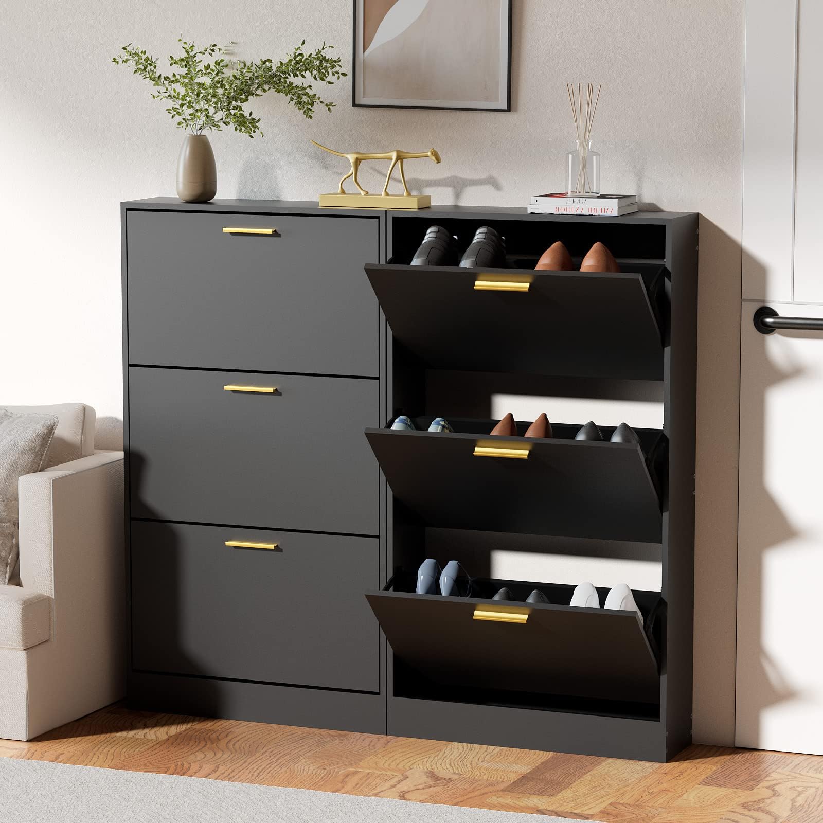 JOZZBY Shoe Cabinet Storage with 3 Flip Drawers for Entryway, Black Slim Freestanding Modern Narrow Shoe Organizer Rack Cabinet for Hallway, Living Room, Set of 2