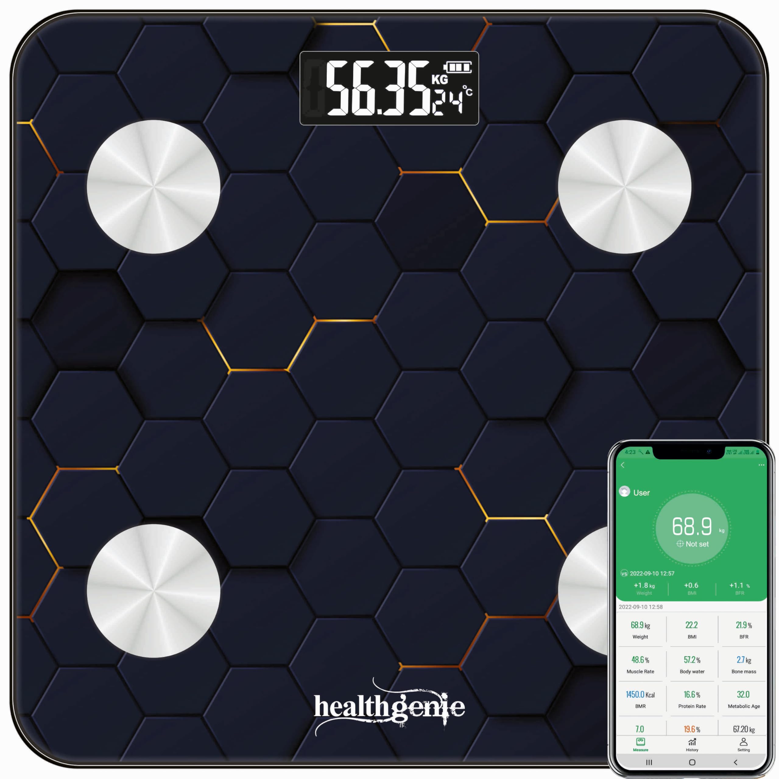 Healthgenie Smart Bmi Weight Machine For Body Weight With 18 Body Parameters Sync With Mobile App, 2 Yrs Warranty Bluetooth Weighing Machine 3D Hexagon (Hb-411)