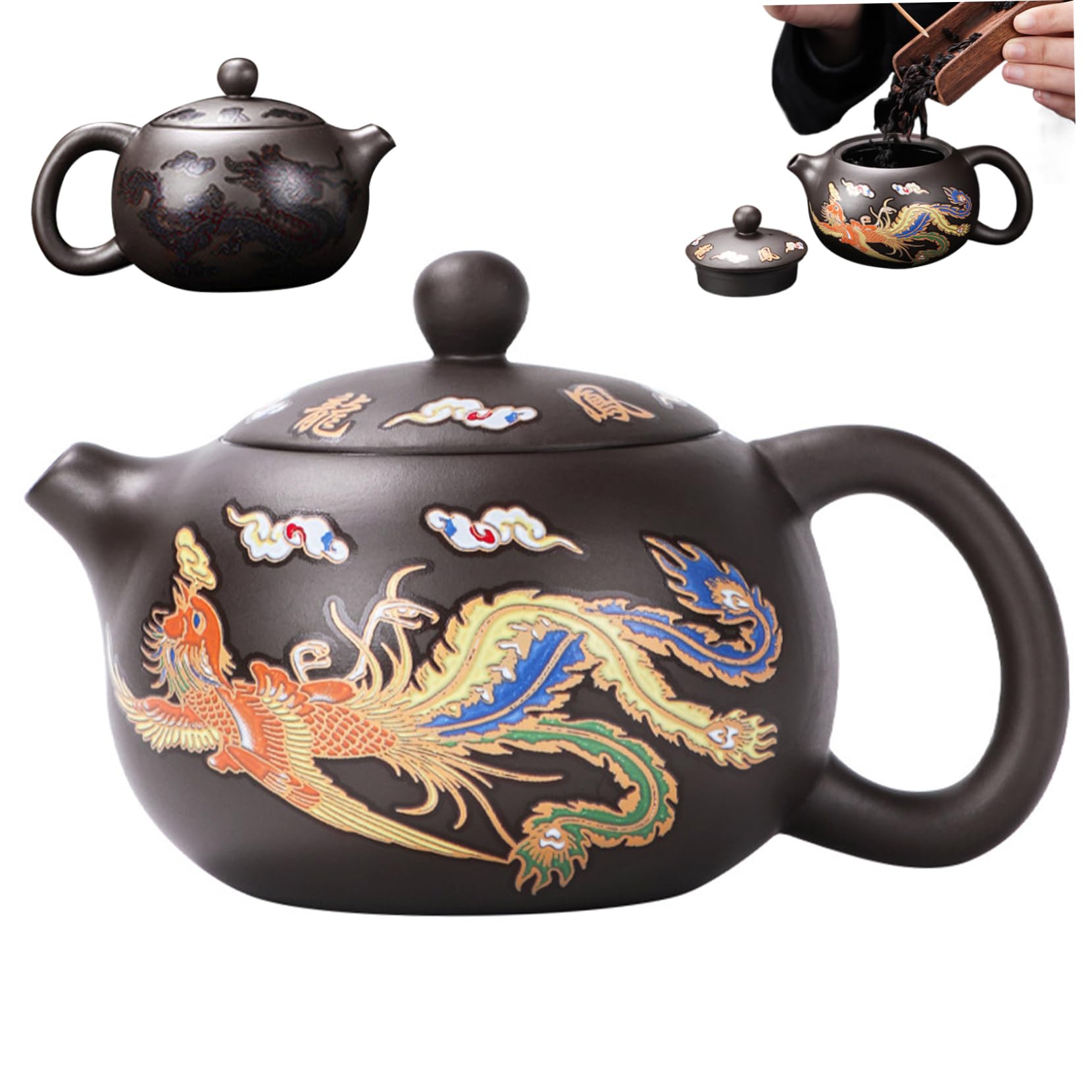 Keramik -Teekanne Drache und Phoenix Chinesische Teekannenfarbe Kung Fu Tea Pot mit Griff und Infuser 250 ml breiter Mund Mund Traditioneller Keramik -Tee -Tee -Geschenk, Schaumstoffverpackung