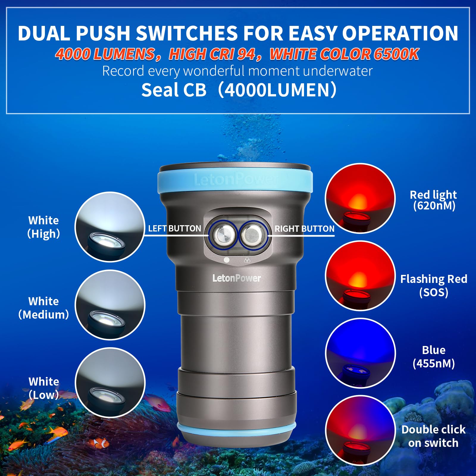 Seal CB Torcia Video Subacquea 4000 Lumen - 120° CRI 94 6500K, Impermeabile 100m, Ricarica USB-C per Video e Foto Subacquee Professionali