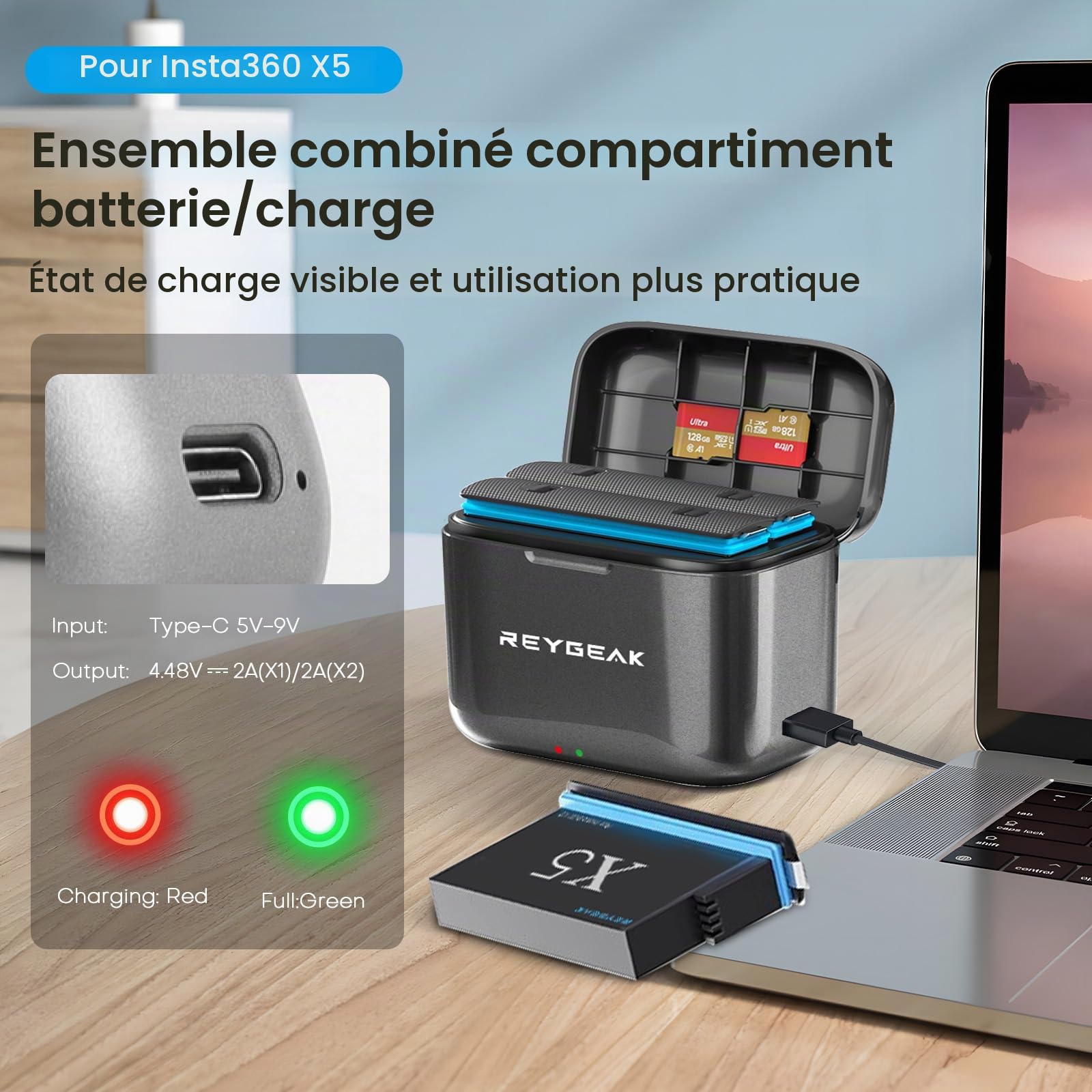 REYGEAK Batterie au lithium rechargeable pour Insta-360 X5, 2 x 2800mAh Batteries Haute Performance avec Chargeur pour insta-360 X5 (chargeur + 2 batteries)