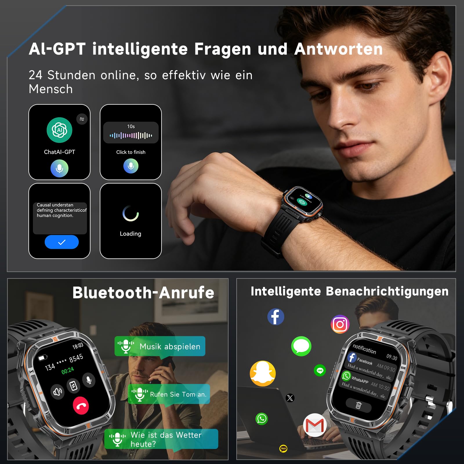 2026 Neue AI-GPT Smartwatch Herren 1100mAh Akku/LED-Licht/Kompass, 2,01" HD