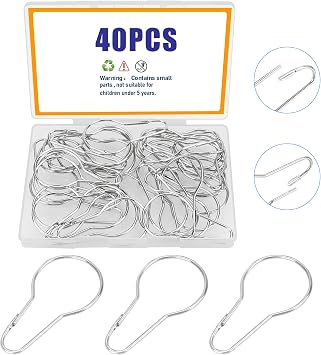 40Pcs Metal Shower Curtain Hooks,Stainless Steel Shower Curtain Rings, Silver Shower Curtain Style Hanging Clip Chain Hooks for Bathroom Shower Curtain Rod