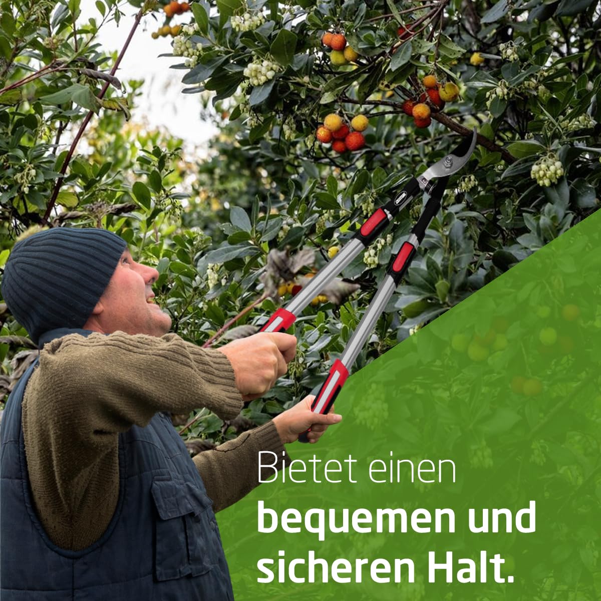 Amig – Astschere | Teleskop-Zweihand-Gartenschere | ausziehbarer Aluminiumgriff von 62 bis 97 cm | Bypass-Schneiden | Schnittkapazität 38 mm | Rot und Schwarz