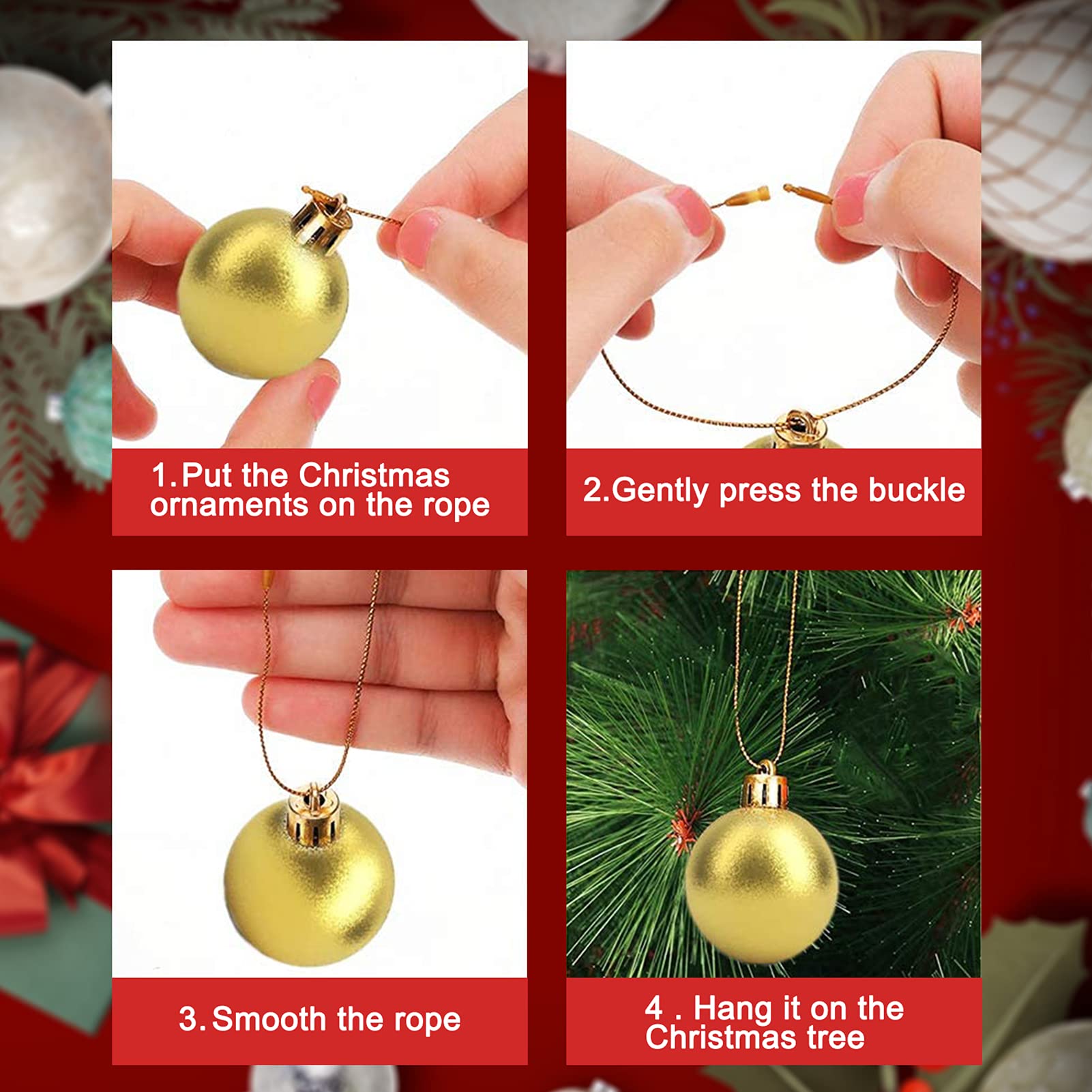 Christmas Ornaments Hanger String 200Pcs Gold Ribbon Ornament Hook Ropes Precut String with Snaps Locking for Xmas Ornament Hanging Decorations