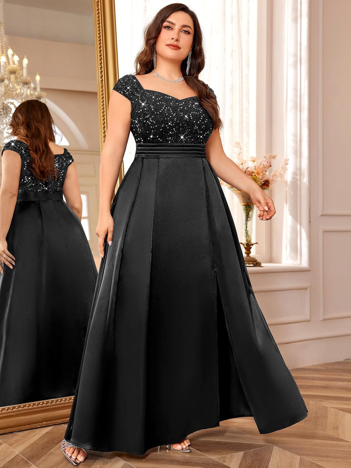 MISSMAY Women's Plus Size Sequin Lace Off Shoulder Satin Slit Formal Evening Party Maxi Dress - Image 3