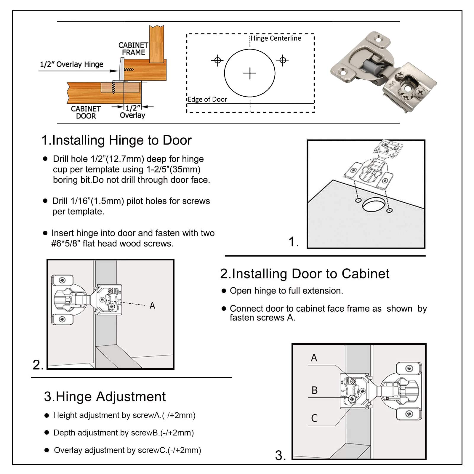 20 Pack 1/2 inch Overlay Soft Close Hinge,105 Degree