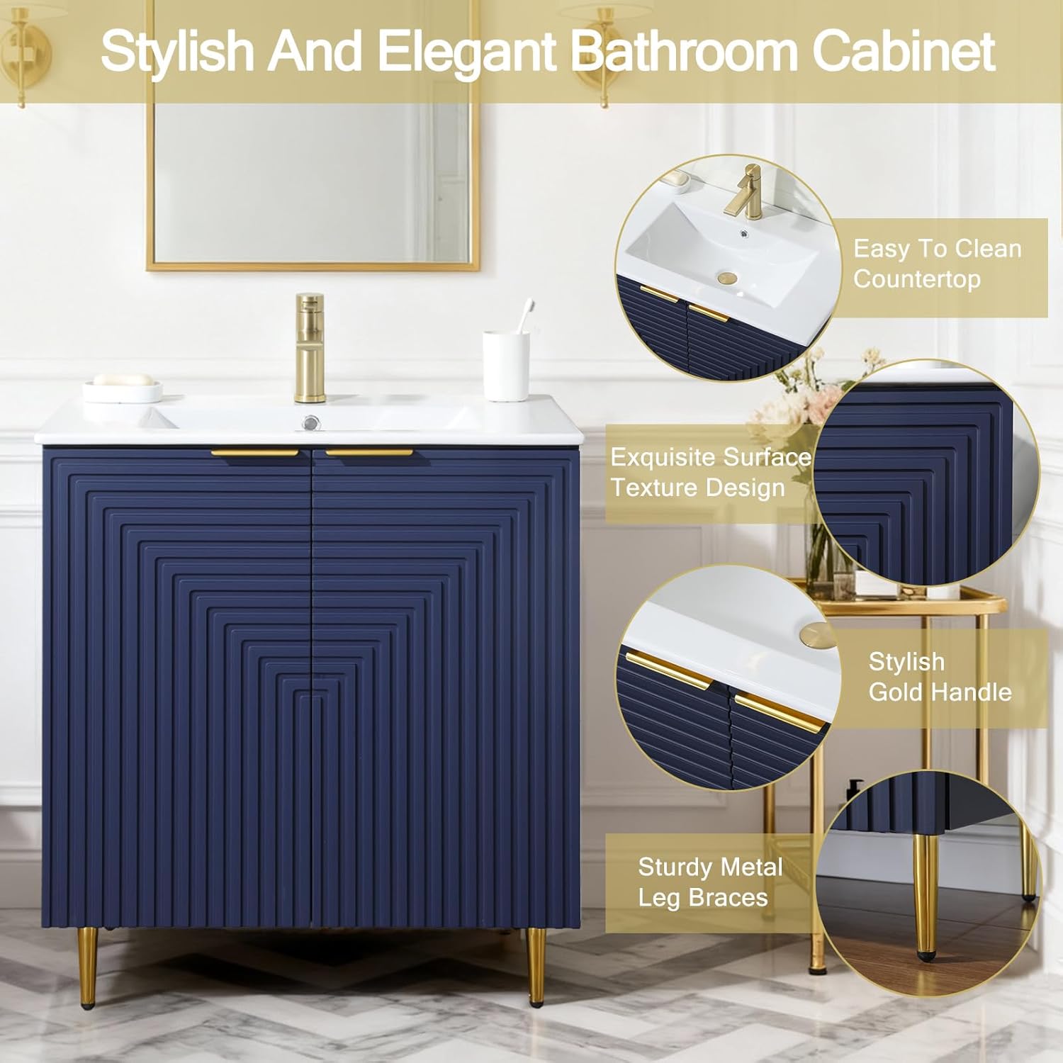 30 Inch Blue Bathroom Vanity with Ceramic Sink Combo, Modern Freestanding Bathroom Cabinet with Soft Closing Door