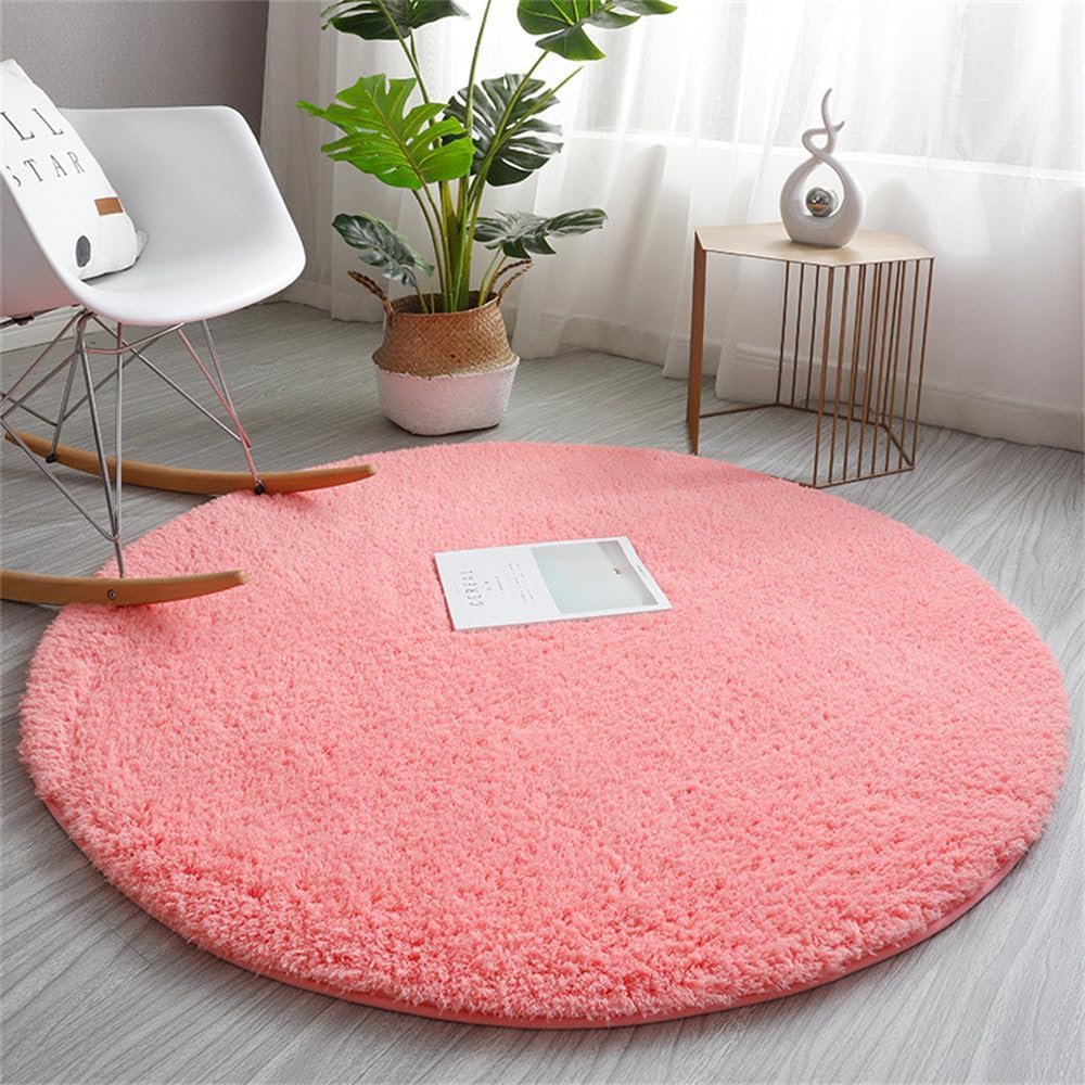 DSAoTeng Alfombra redonda de pelo largo y suave, absorbe el agua, antideslizante, para dormitorio, habitación de niños, sala de estar, decoración moderna (rosa, 100 cm)