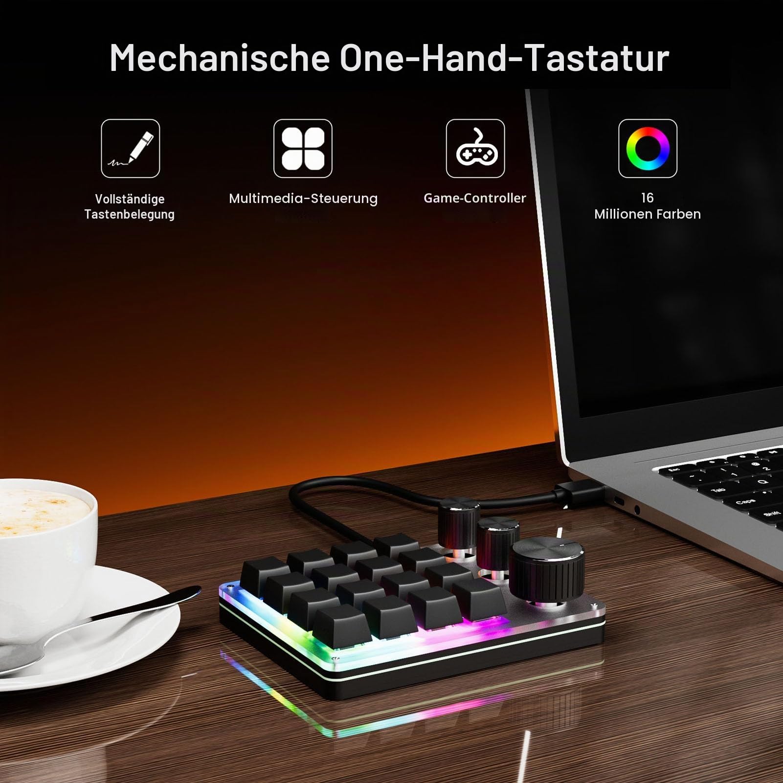 Programmierbare Makrotastatur, 16 Tasten Kabelmechanische Spieltastatur, 3 Benutzerdefinierte, Kopieren Sie Makropolster mit Rotem Schalter EIN. (Black)