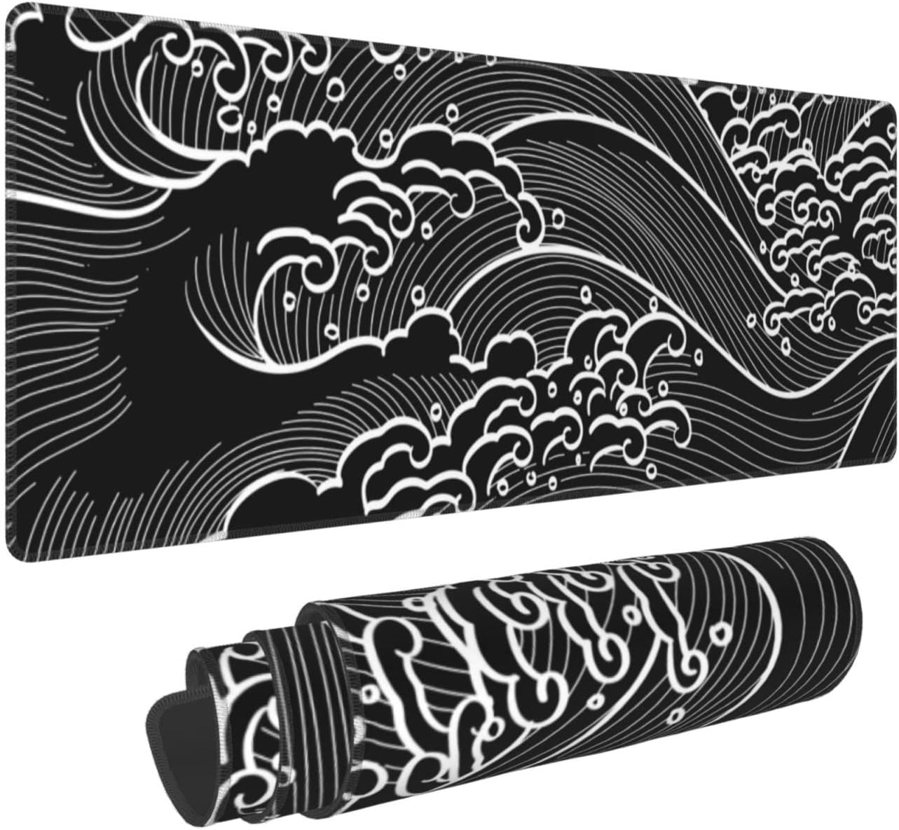 Japanese Wave Black and White Gaming Mouse Pad XL, Large Non Slip Rubber Mousepad, Stitched Edges Desk Pad, Long Extended Mice Pad,31.5'' X 11.8''