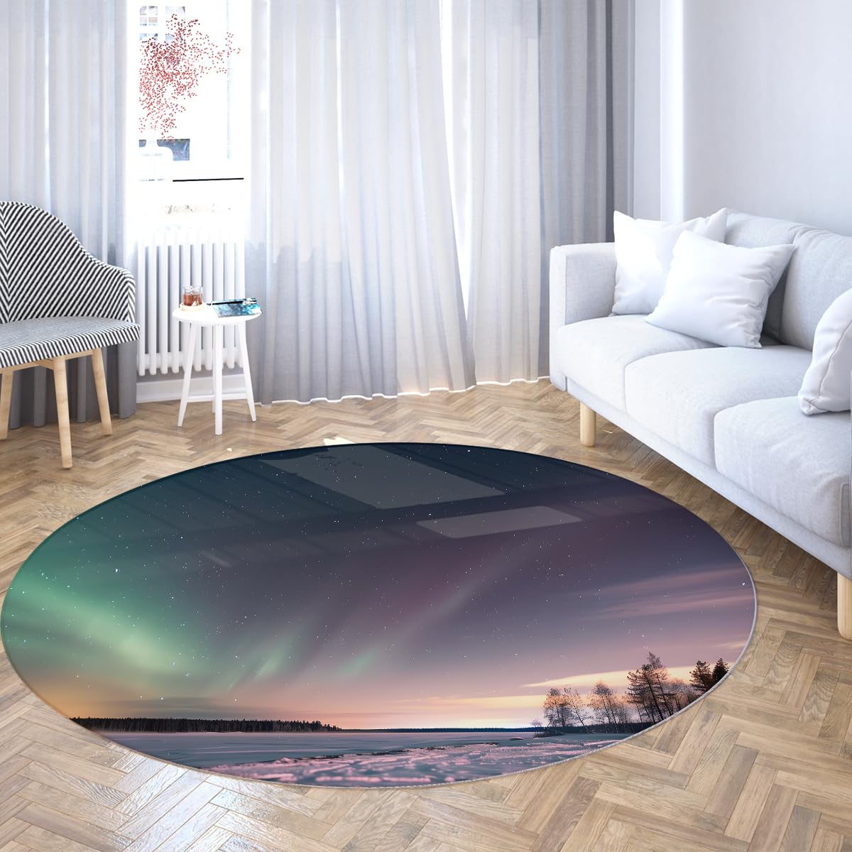 Tapis Rond Ciel étoilé Violet 240cm Tapis lumières Polaires lavables pour Chambre garçon Fille Accent Neige décor