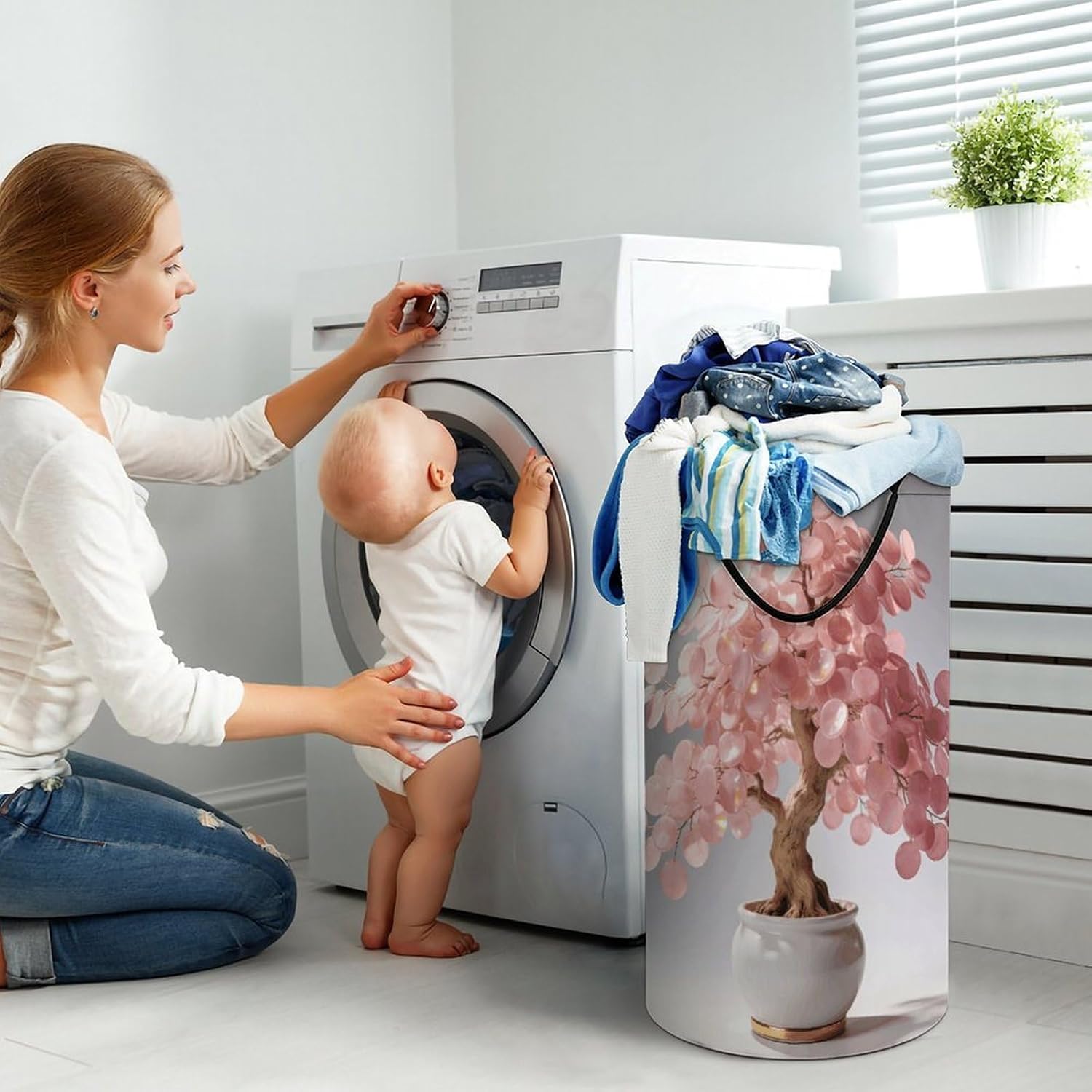 Pink Fortune Tree Laundry Hamper with Handles Waterproof Collapsible Laundry Basket Large Lightweight Round Dirty Clothes Hamper for Home Dorm Bathroom Decor