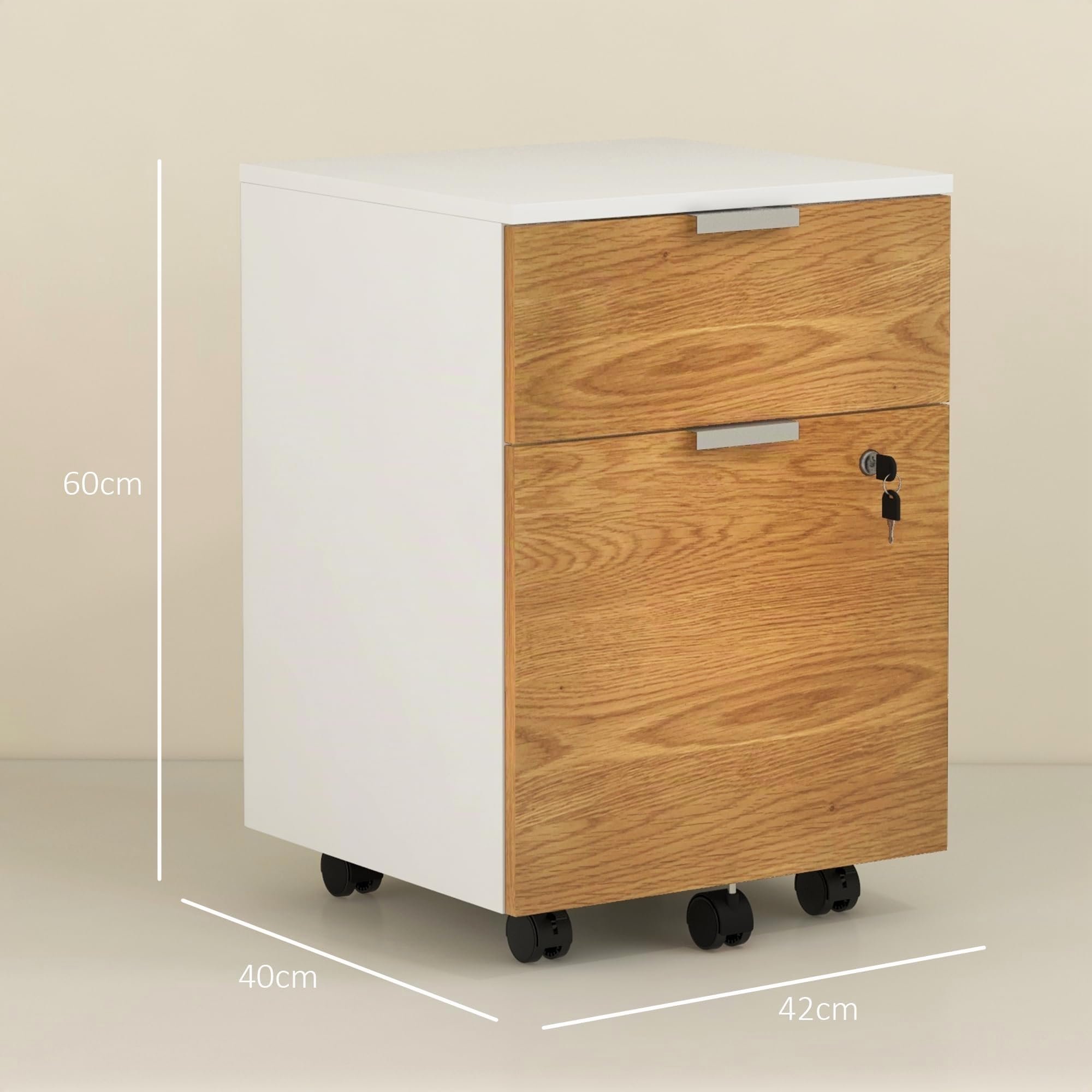 HOMCOM Cajonera de Oficina con Ruedas Mueble Archivador con 2 Cajones Barra Colgante para Carpetas A4 y Carta Cerradura en Cajón Inferior 42x40x60 cm Blanco y Natural