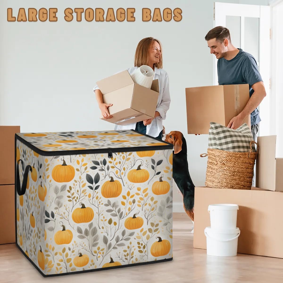 Honeybaby 214L Extra Large Comforter Storage Bag Pumpkins Leaves Fall Storage Totes with Lids Waterproof Closet Organizer Folding Blanket Storage Bags for Clothes Bedding Pillows