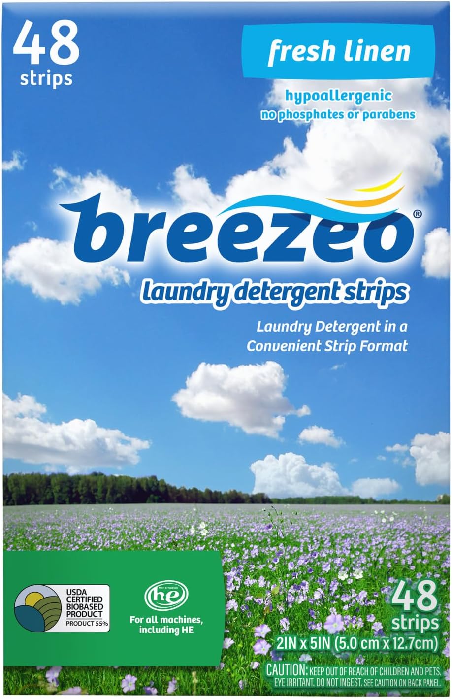 Breezeo Laundry Detergent Strips (48 strips) - Fresh Linen Scent - More Convenient than Pods, Pacs, Liquids or Powders – Great for Home, Dorm, Travel, Camping & Hand-Washing