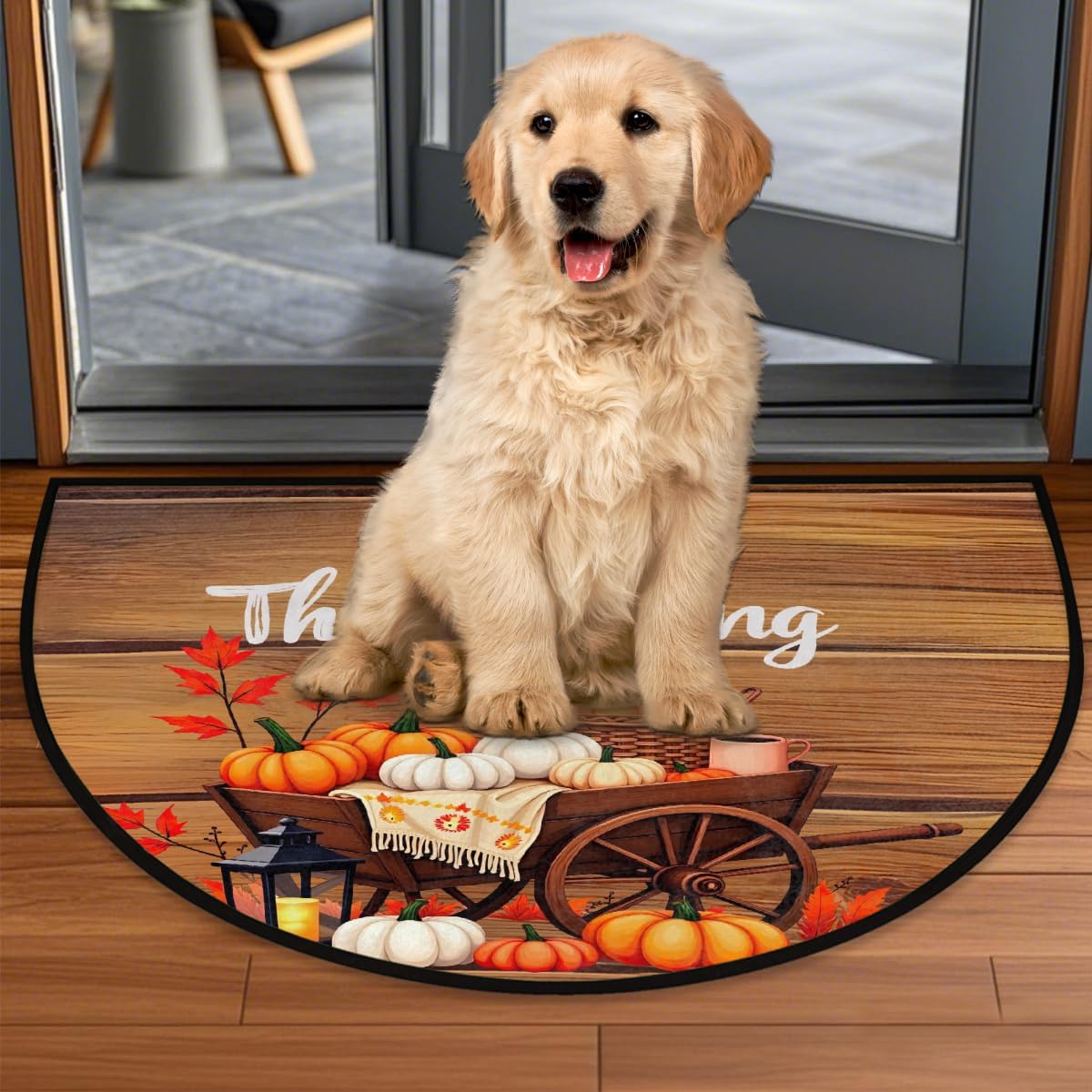 Thanksgiving Fall Holiday Decorate Half Round Doormat Washable Semi Circle Rug Non Slip Half Moon Rug Floor Mat for Indoor Outdoor Bathroom Kitchen Fireplace Entryway Bath Holiday Decor