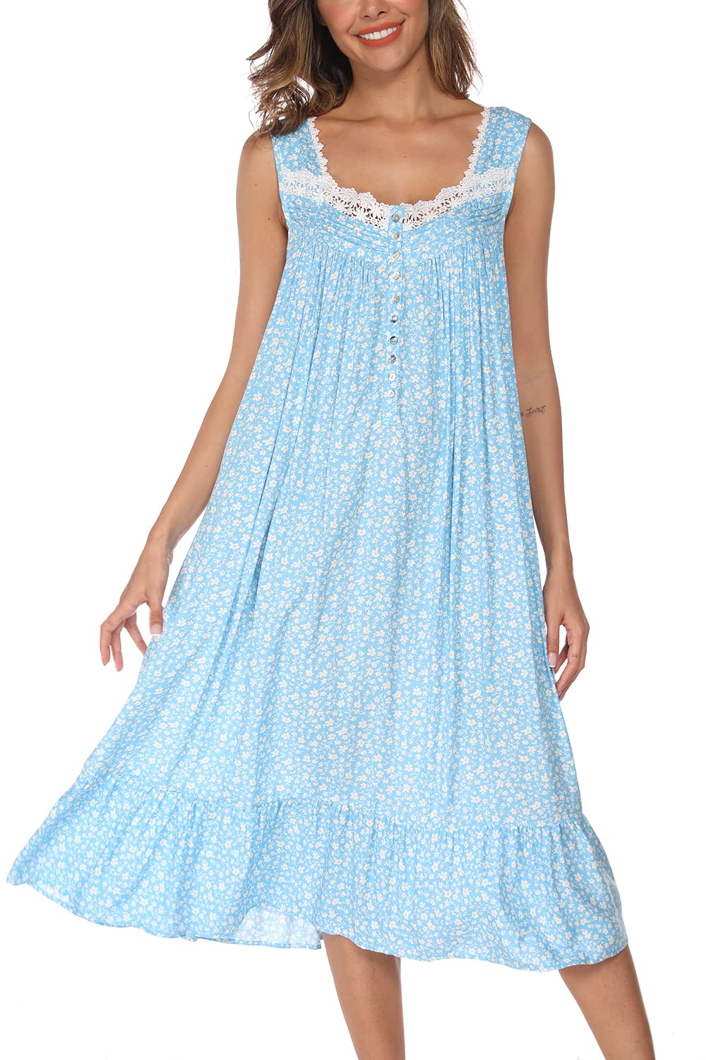 AVIIER Cotton Nightgowns for Women Sleeveless House Dress Ladies Long Nightdress with Pockets S-XXL