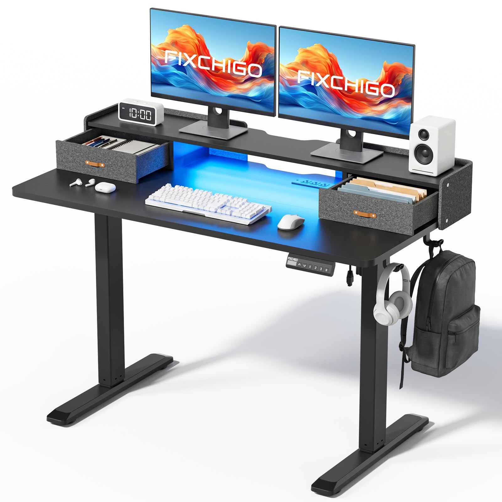 Electric Standing Desk with Drawers 48 Inch Height Adjustable Desk with Power Outlets LED Lights Sit Stand Table