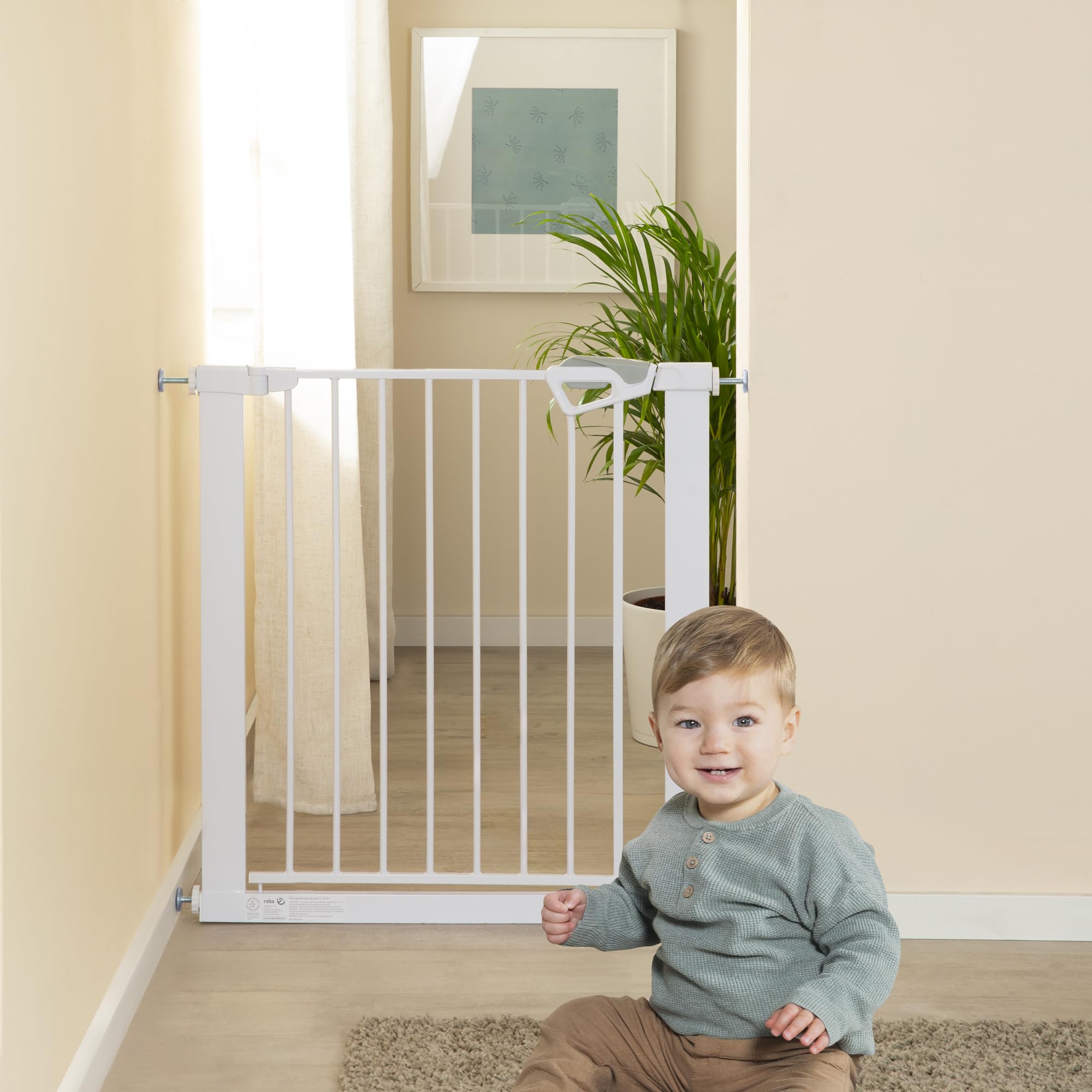 roba barrera de seguridad easySafe+ para puertas y escaleras metal ajustable 75-82 cm extensible hasta 110 cm TÜV cierre con indicador tope 90° sin taladrar para niños 0-24 meses blanco