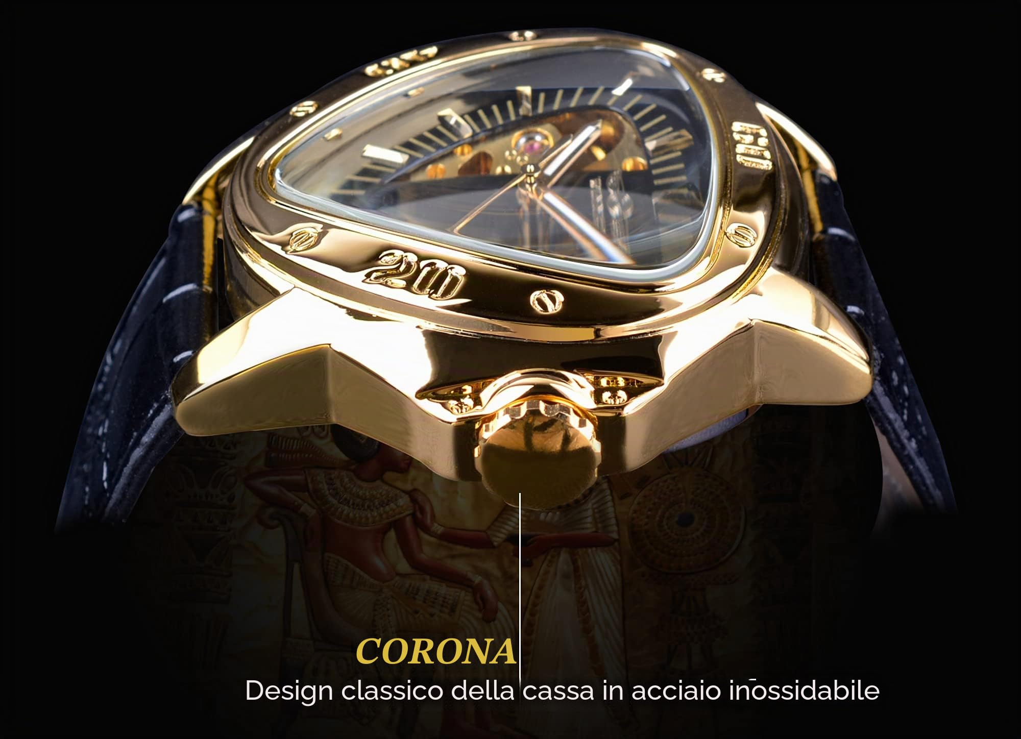 Winner - Orologio da polso meccanico a triangolo, alla moda, impermeabile, quadrante scheletrato dorato, movimento automatico, design in pelle, orologio meccanico da uomo
