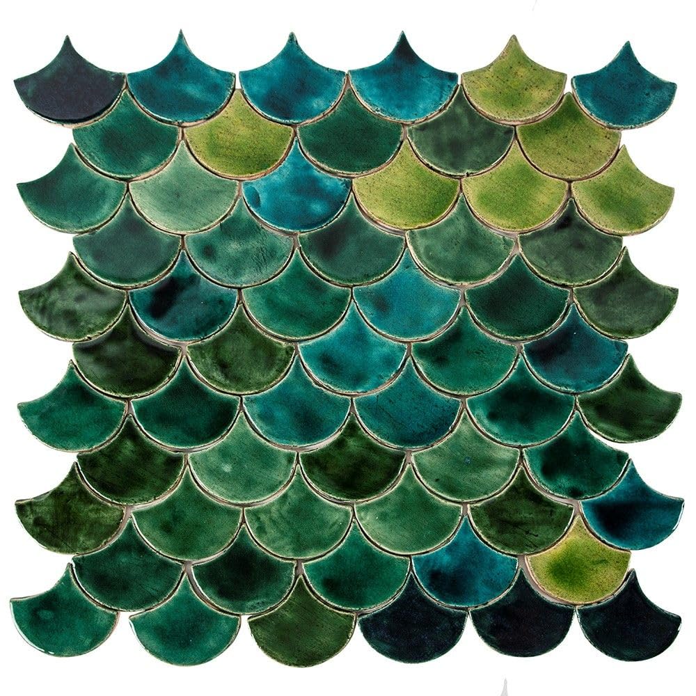 Cerames decorativo azulejos de cerámica Escamas De Pescado "Estanque del Bosque" - Azulejo De mosaicos en forma escamas de pez Azul para cocina y baño de la serie Agua paquete de 49 azulejos 10,2x9 cm
