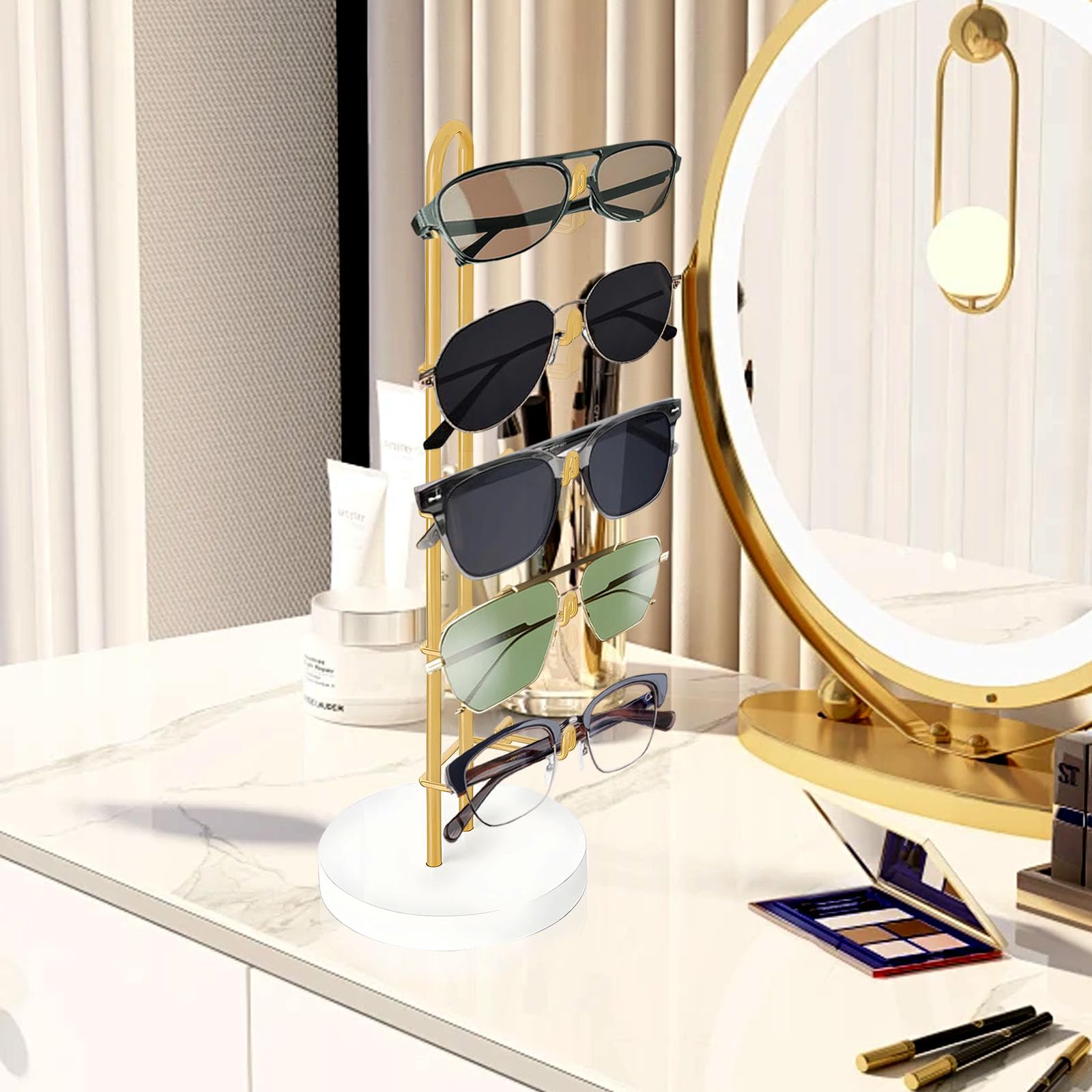 Soporte para Gafas de Sol Expositor Organizador Elegante de Metal con Base de Madera para 5 Pares