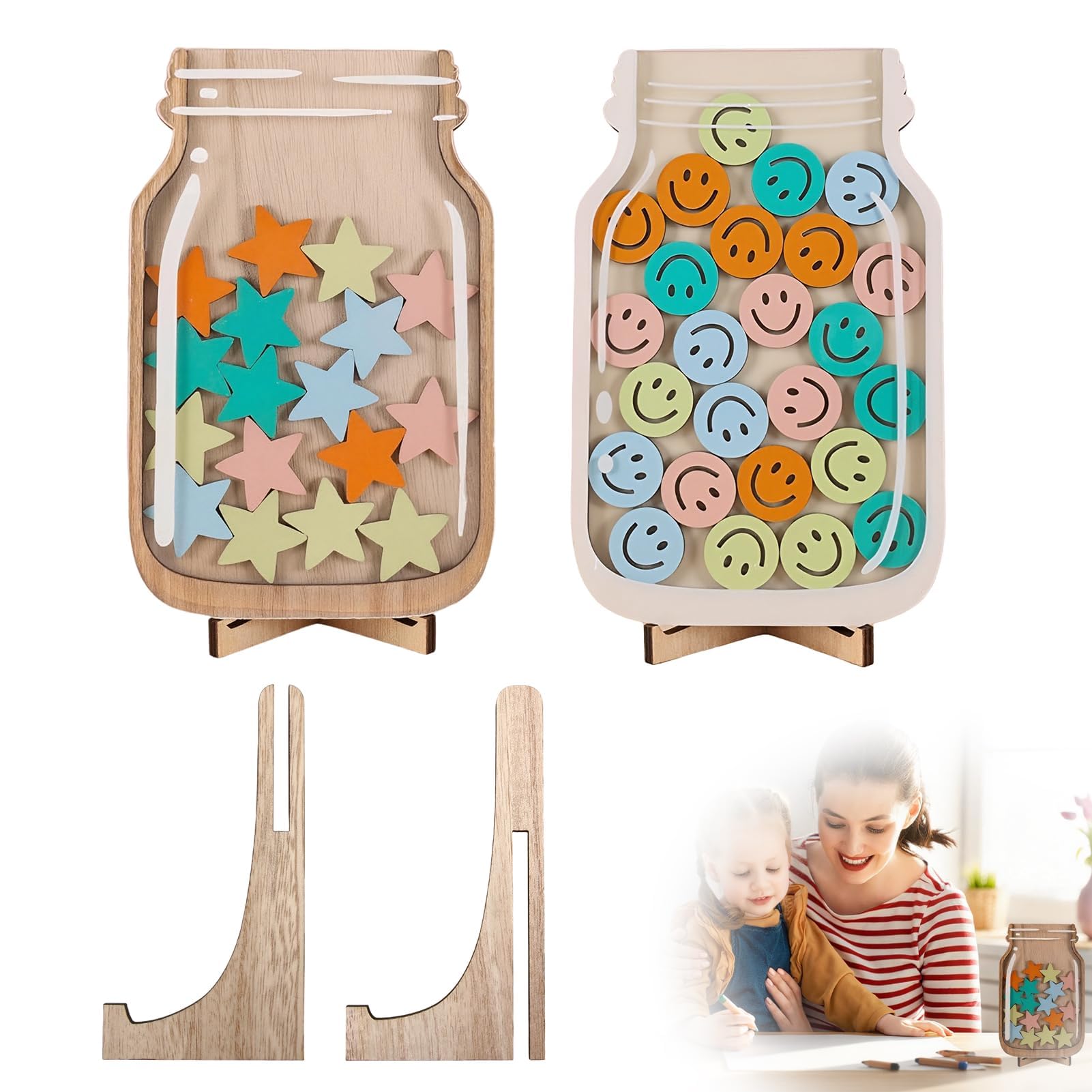 2 Pack Reward Jar, Smiley Star Reward Jar for Children Wooden Behaviour Chart, with Colourful Stars Jar Reward System, for Home School Toilet Training Reading Chores Classroom Management