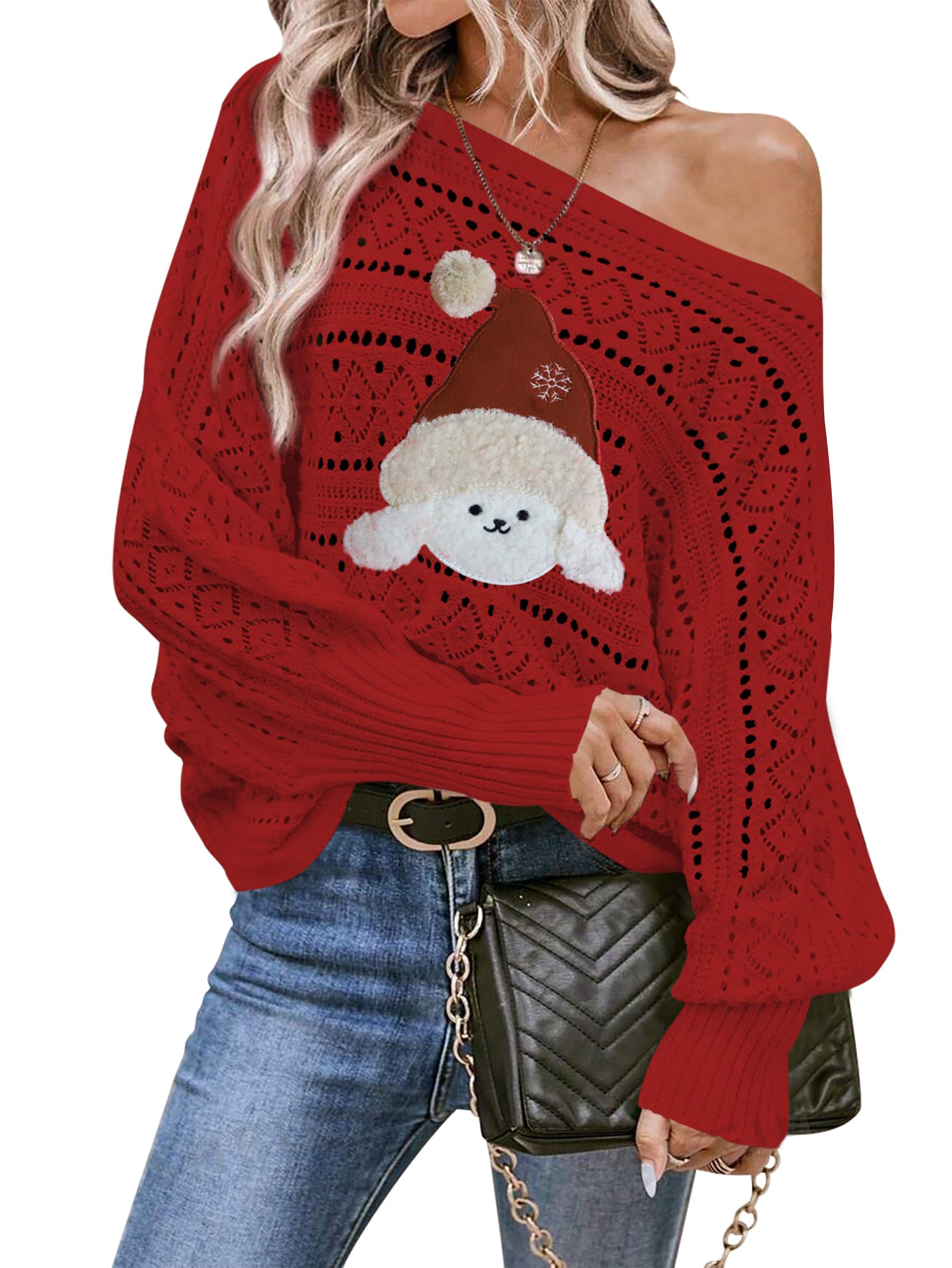Cakulo Womens Off Shoulder Ugly Christmas Sweater Top Fall Outfits Fashion 2026 Oversized Knit Long Sleeve Crochet Sweaters