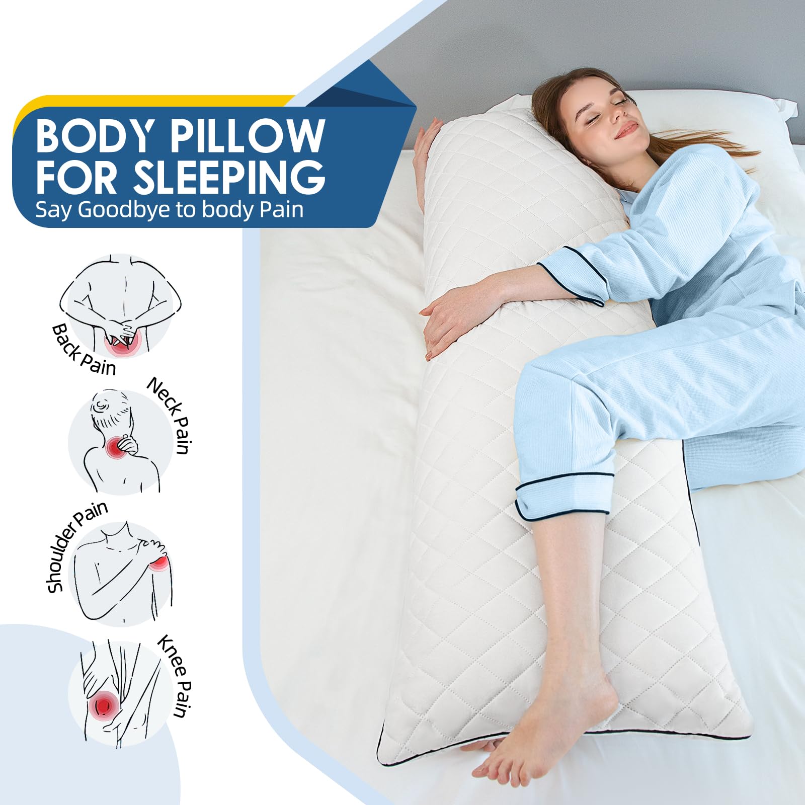 Cuscino per il corpo per adulti, cuscino lungo in memory foam, 50 x 152 cm, supporto completo per chi dorme di lato, bianco