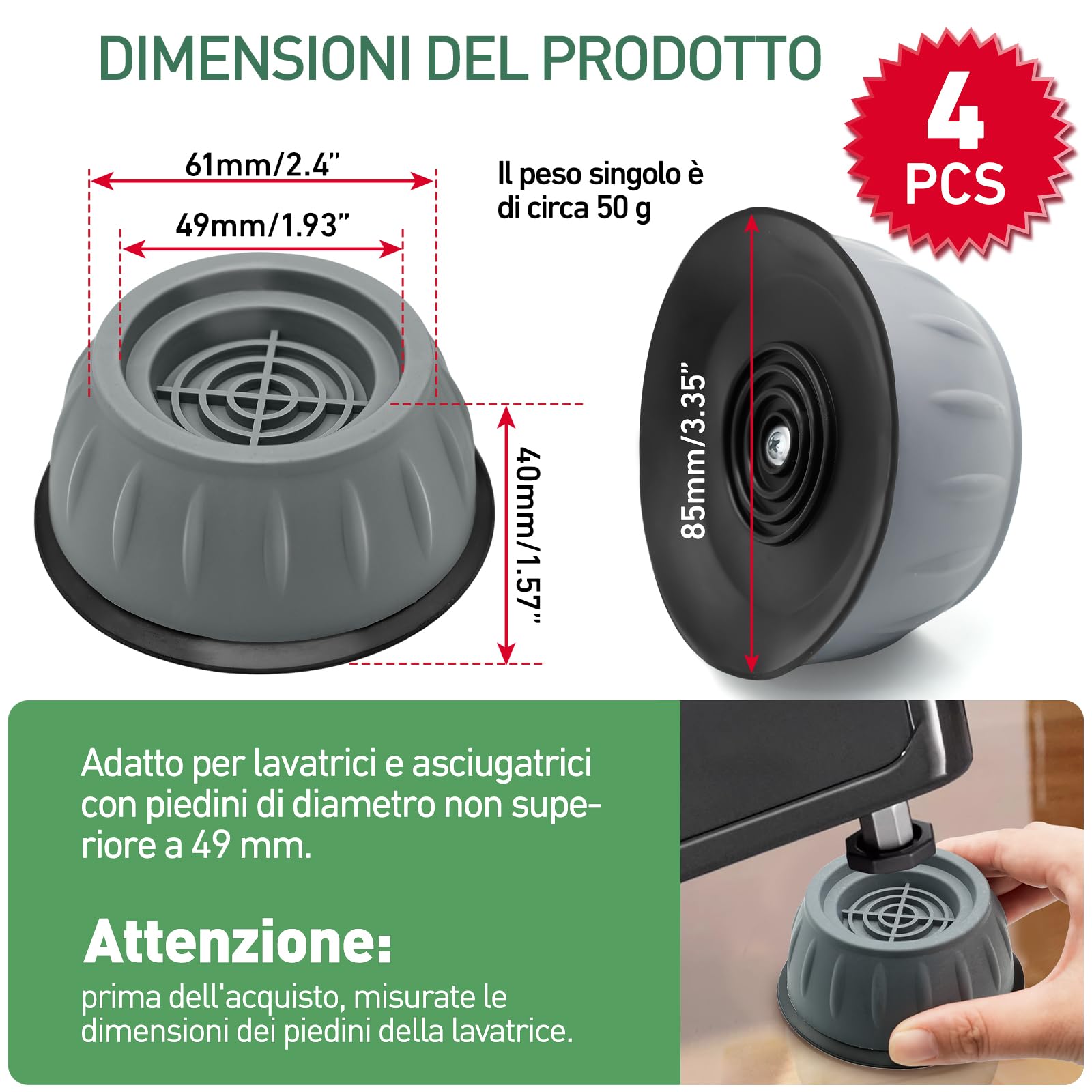 Superior Piedini Antivibrazione Lavatrice In Gomma 6, 5x2, 5 Cm - 4pz