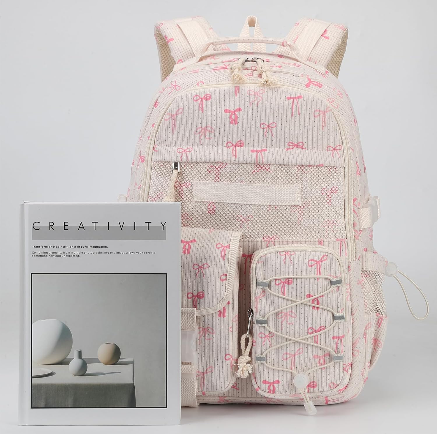 JIANYA Backpack for Teen Girls, Bookbag for Middle School and High School Student, Big Kids Laptop Backpack Teens Travel Daypack, Bow/Beige