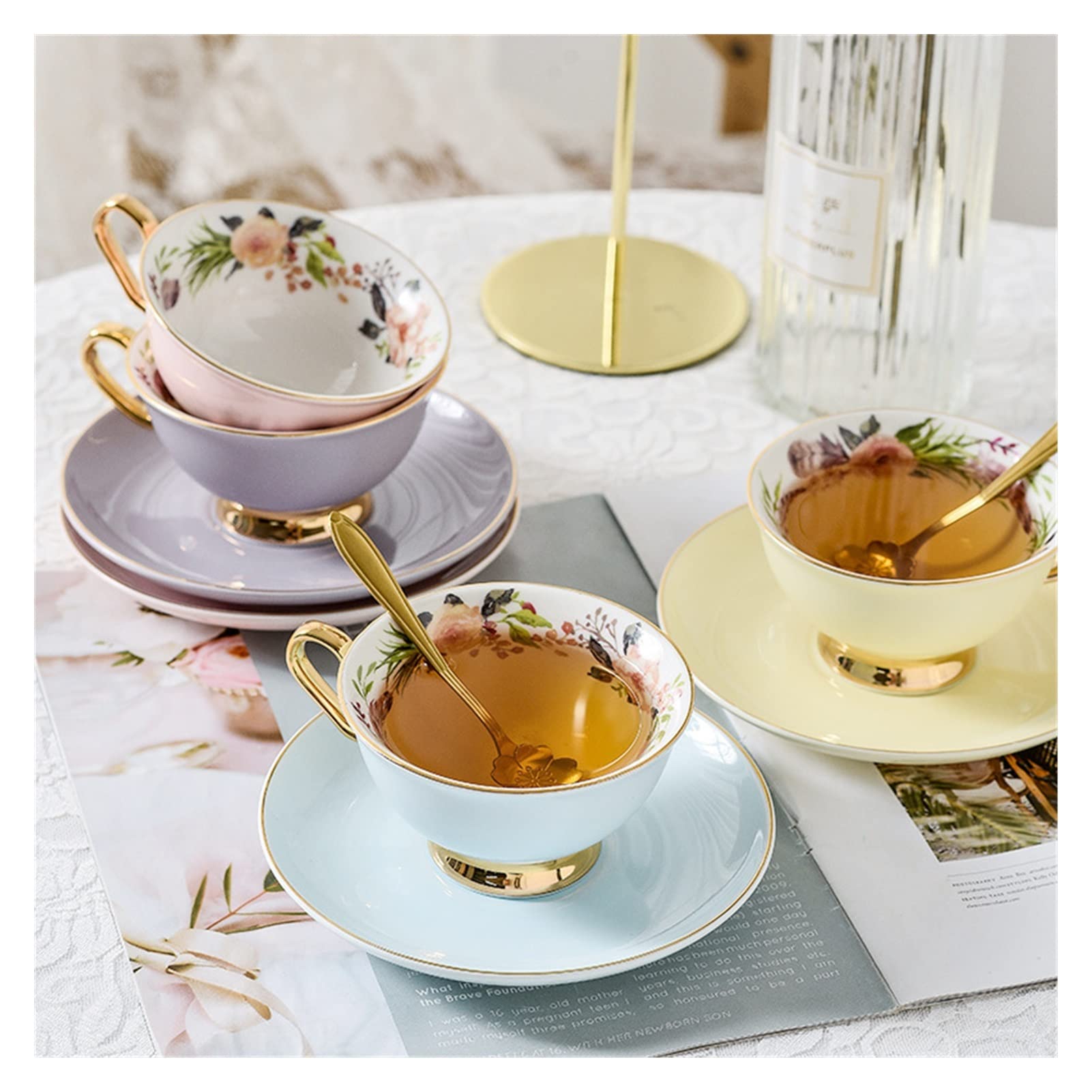 Juego de Tazas de Cafe,Taza de Té y Plato Copa de café de cerámica Set Exquisito Color Golden Rim Café de café y platillo Taza de té Taza de té Taza de té(Purple)