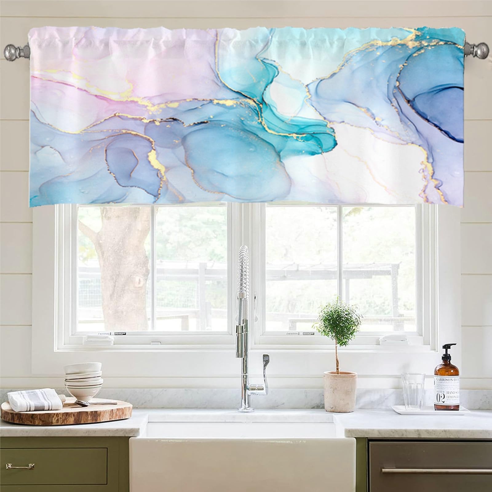 Cortinas cortas opacas KnSam de poliéster, aislamiento y elegancia de mármol para cocina y baño