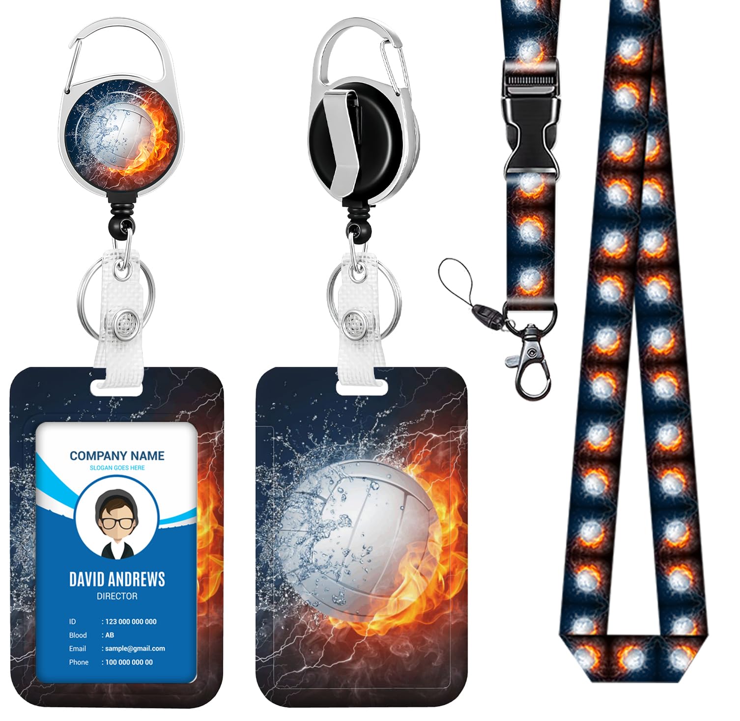Lanyard for ID Badge Holder Badge Reel Volleyball Fire Water for Man Women Cute Nurse Teacher Name Tag Clip Retractable Keychain Heavy Duty Work Office Gifts Accessories