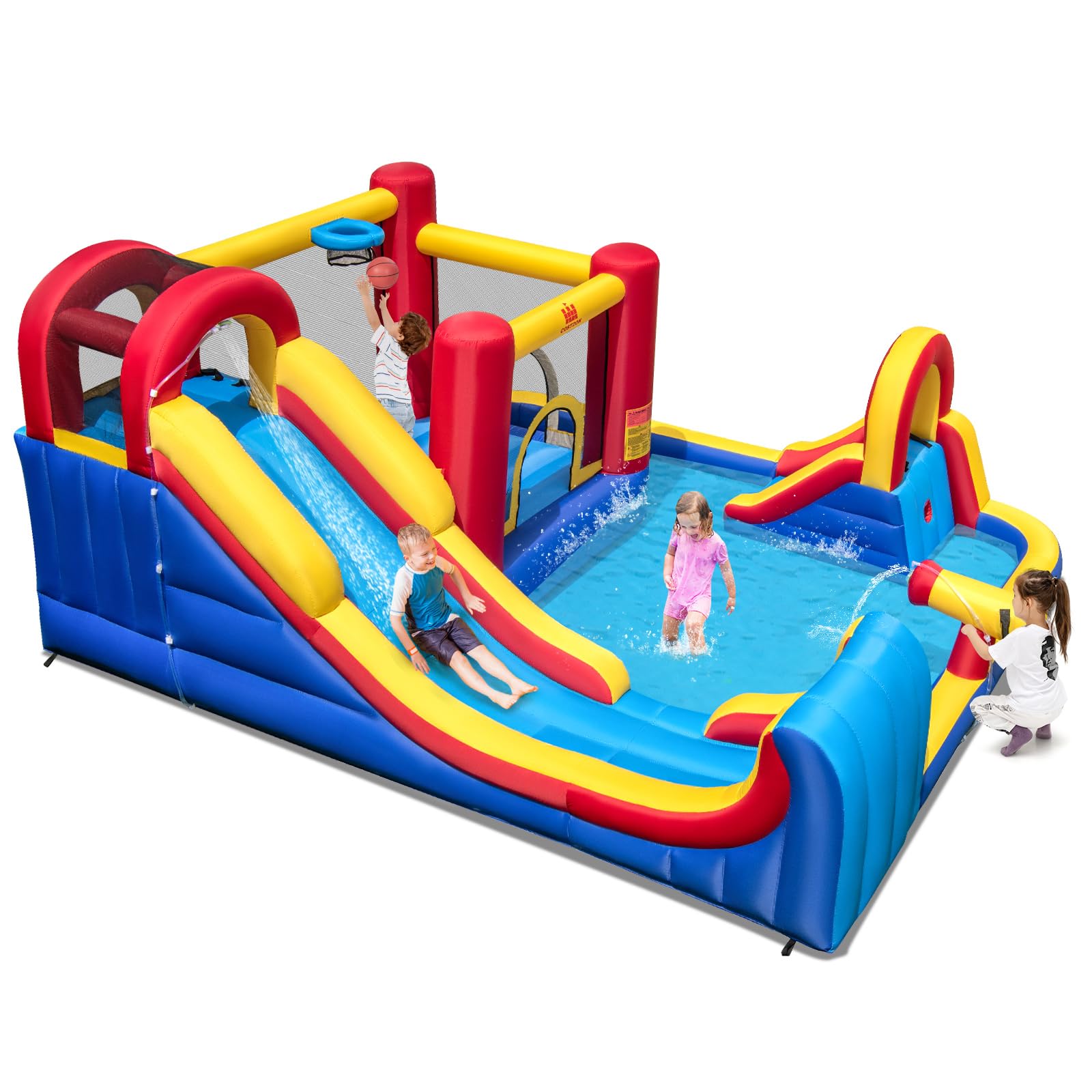 COSTWAY Castillo Hinchable Grande, Parque Acuático Infantil con Doble Tobogán, 2 Piscinas, Área de Salto y Aro de Baloncesto, 450 x 392 x 216 cm, para Jardín Patio, Multicolor (sin Soplador)
