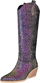 Sparkly Cowgirl Boots for Women Chunky Heel Pointed Toe Knee High Western Cowboy Boots Side Zipper Wedding Party Evening Glitter Dress Shoes