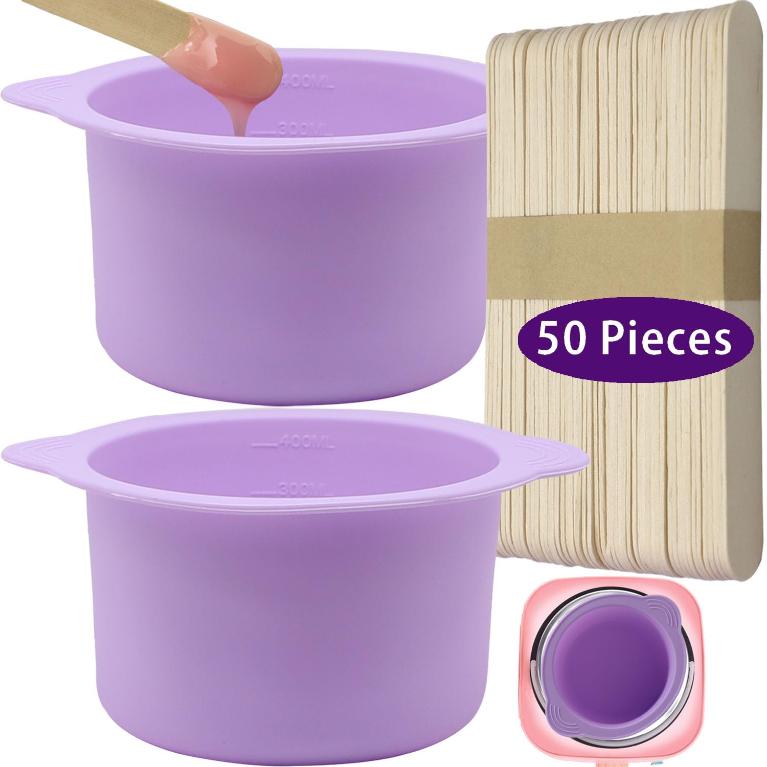 2-pack Silicone Wax Warmer Liner, Silicone Wax Bowl for Wax Warmer, Non-Stick Wax Melt Warmer Wax Pot Replacement, Reusable Wax Melt Liner with 50 Pcs Wax Spatula Sticks for Hair Removal purple