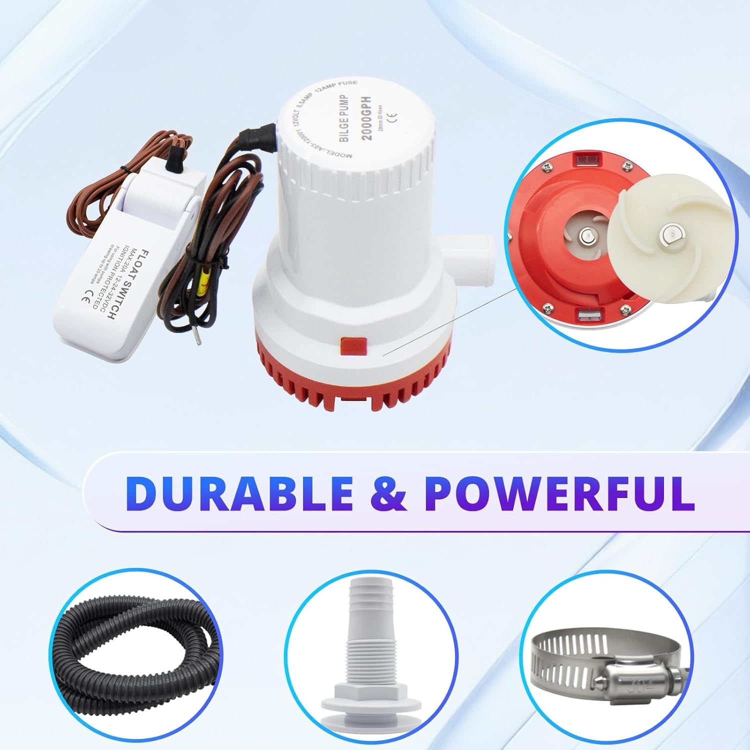 2000GPH 12V Automatic Bilge Pump Kit with Float Switch - Includes 6FT Kink-Free PVC Hose,2 Stainless Steel Clamps & Thru-Hull Fitting - Ideal for Boats, Yachts, and Marine Applications