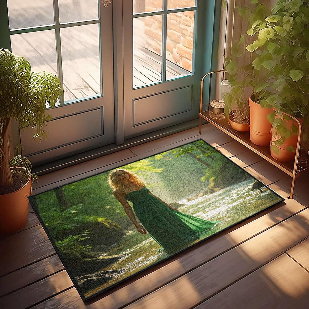 Paillasson uni 50x80 cm avec imprimé femme en robe verte dans la forêt pour entrée