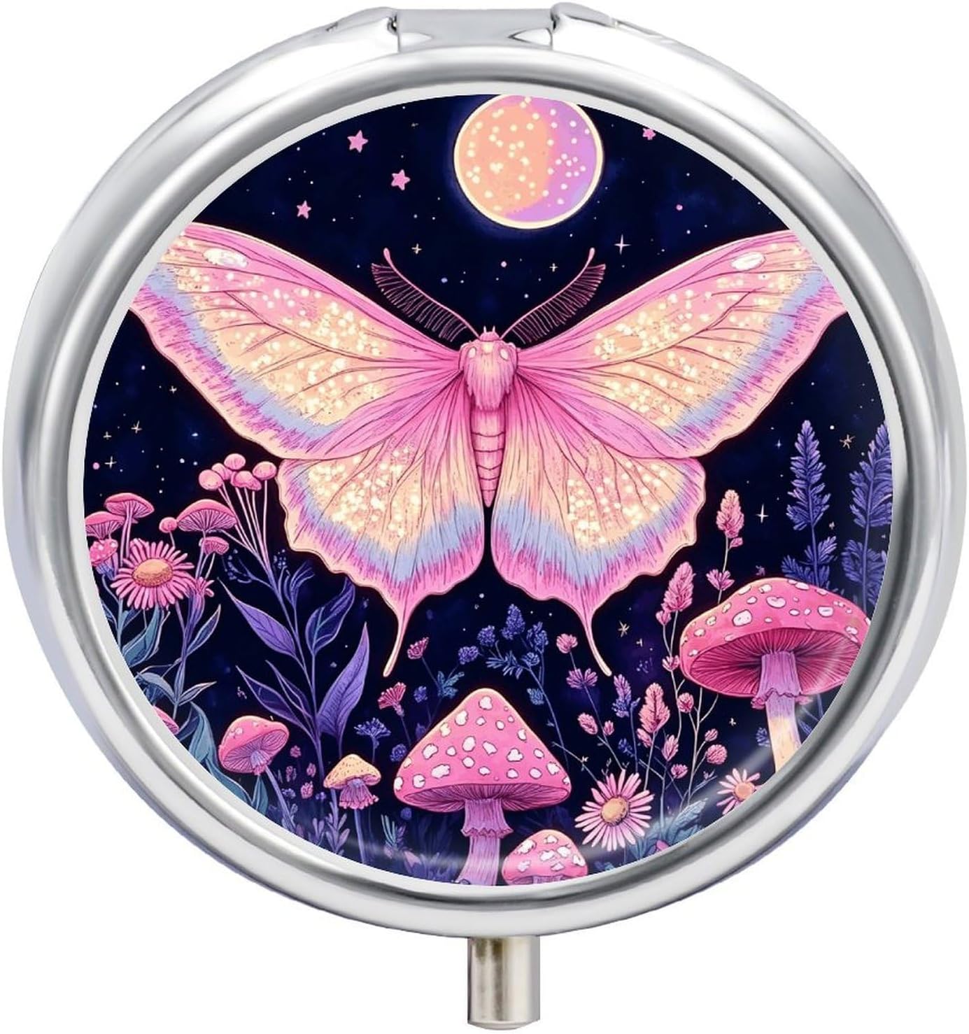 Moths Round Pill Box with 3 Compartments & Mirror